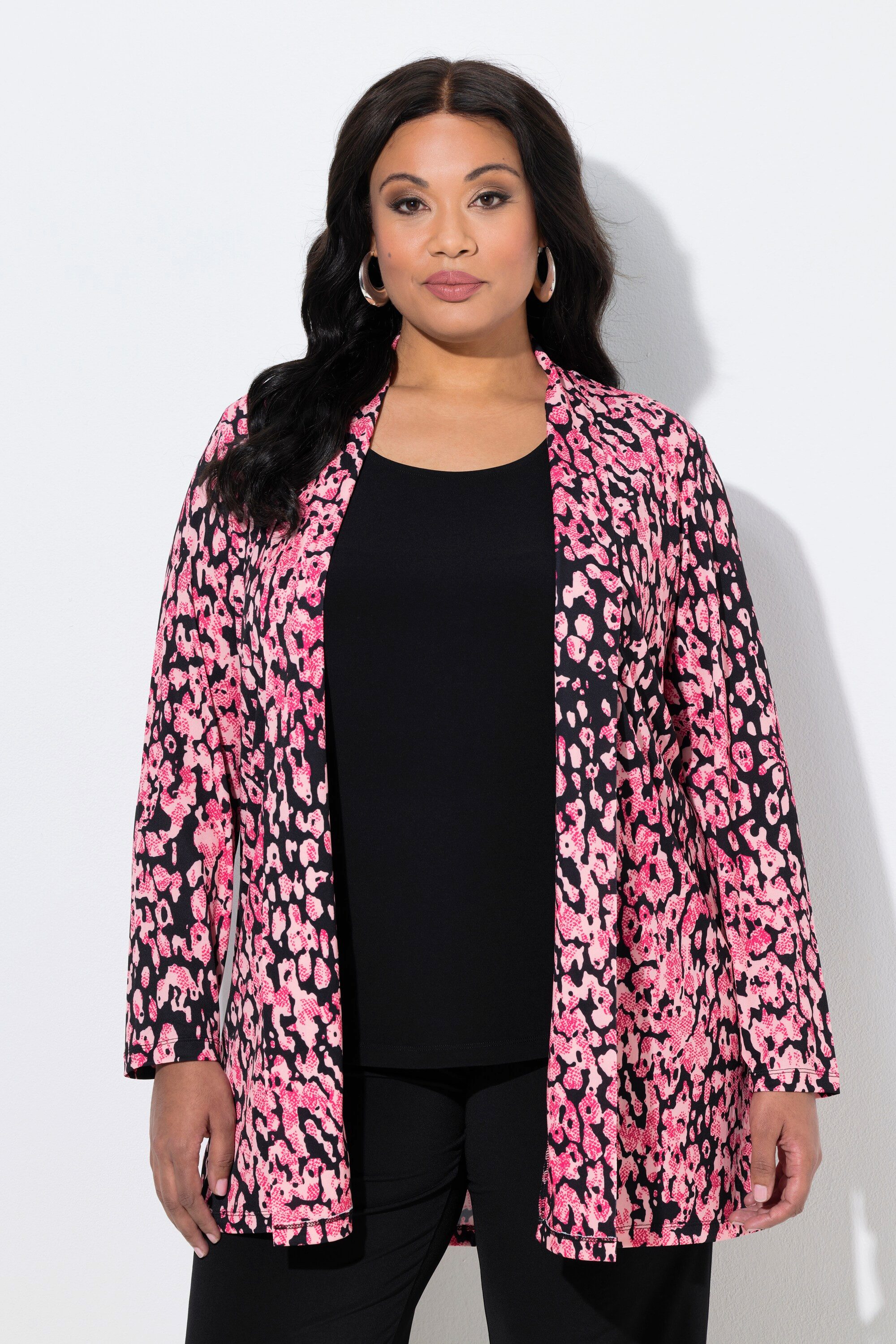 Ulla Popken Shirtjacke Jerseyjacke Leomuster Schalkragen ohne Verschluss