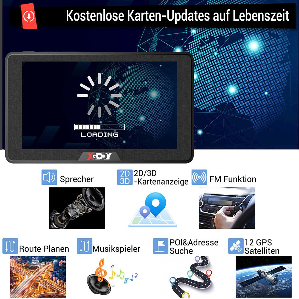 XGODY 7 Zoll PKW-Navigationsgerät (Europa (48 Länder), Lebenslange Kartenaktualisierung, GPS Navigation für Auto und LKW, Bluetooth, 3D Karten)