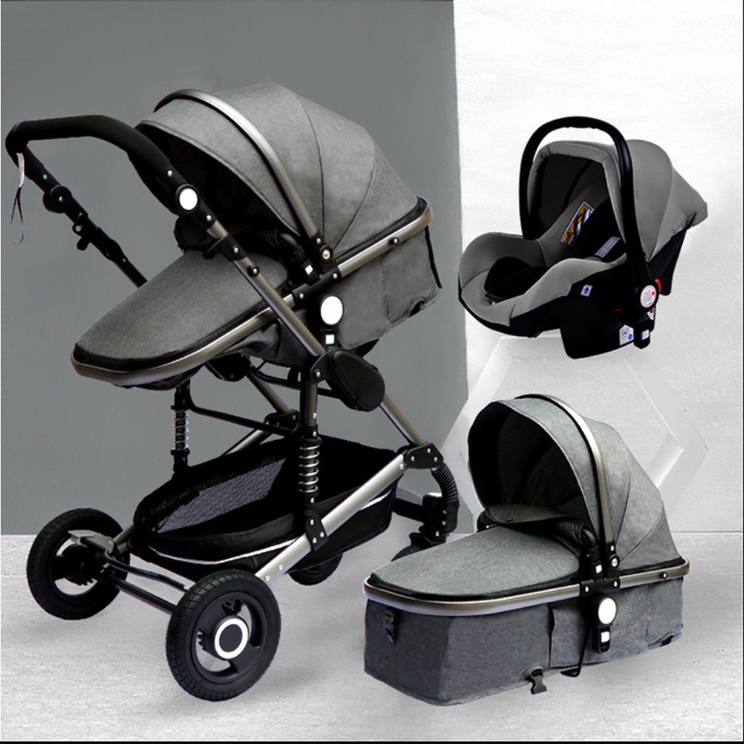 Baby Kombi-Kinderwagen Moskitonetz, TPFLiving 1 in großem Getränkehalter 5-Punkt-Sicherheitsgurt Babyschale Kinderwagen Buggy Grau inkl. Zubehörset 3 Babywanne