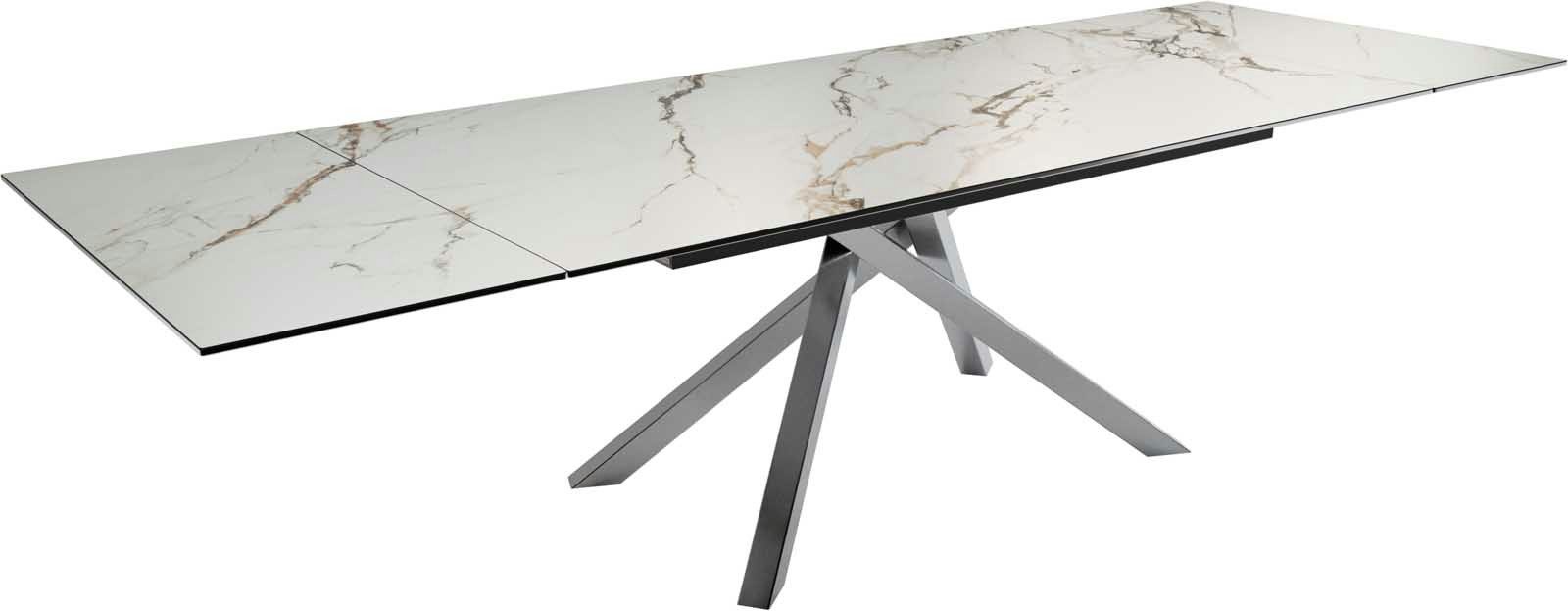 DELIFE Esstisch Edge, Keramik Calacatta Luxe Weiß-Gold-Grau 200-300x100 Kreuzgestell Rechtec