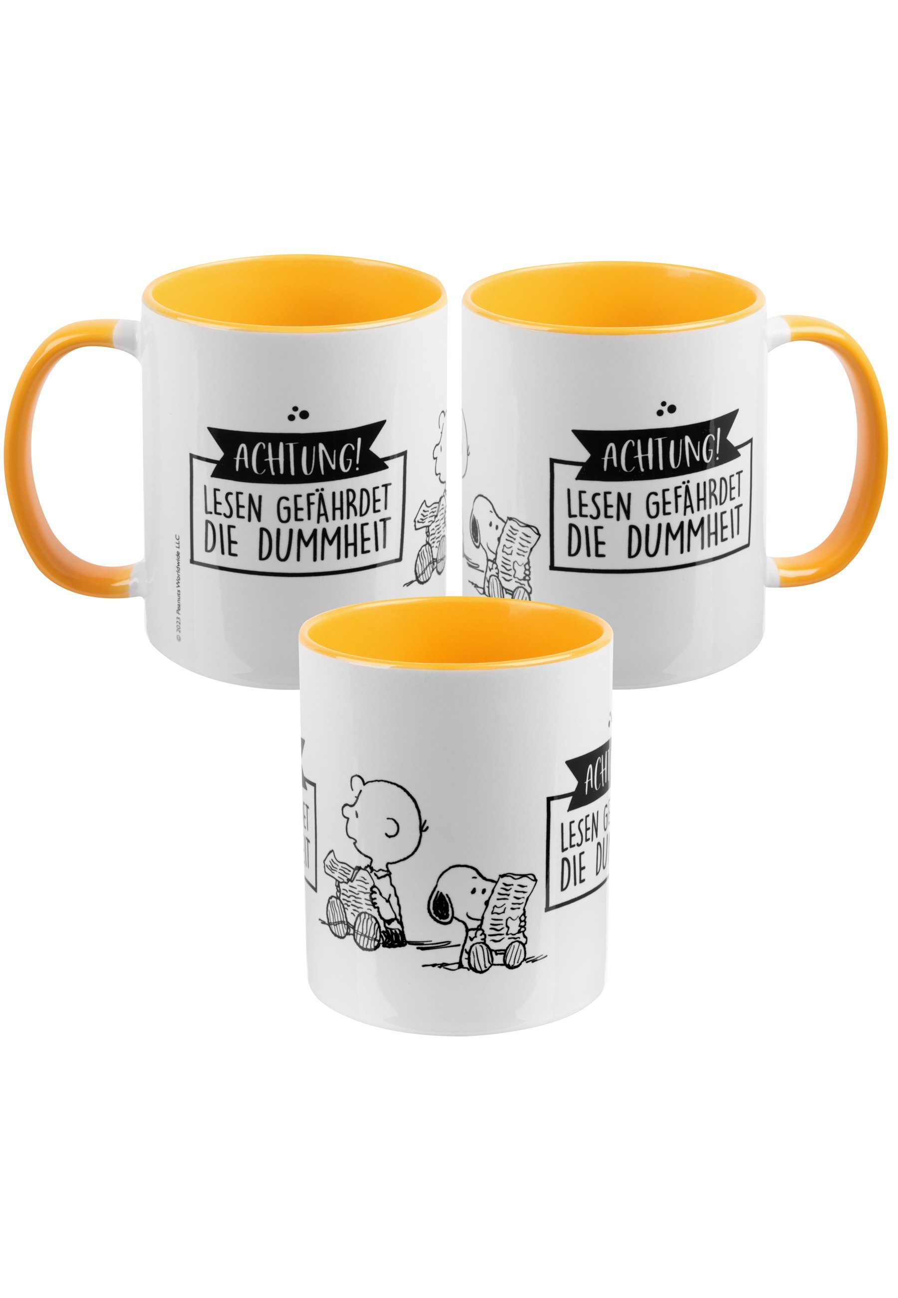 United Labels® Tasse The Peanuts Tasse Snoopy - Lesen Kaffeetasse Gelb Weiß 320 ml, Keramik