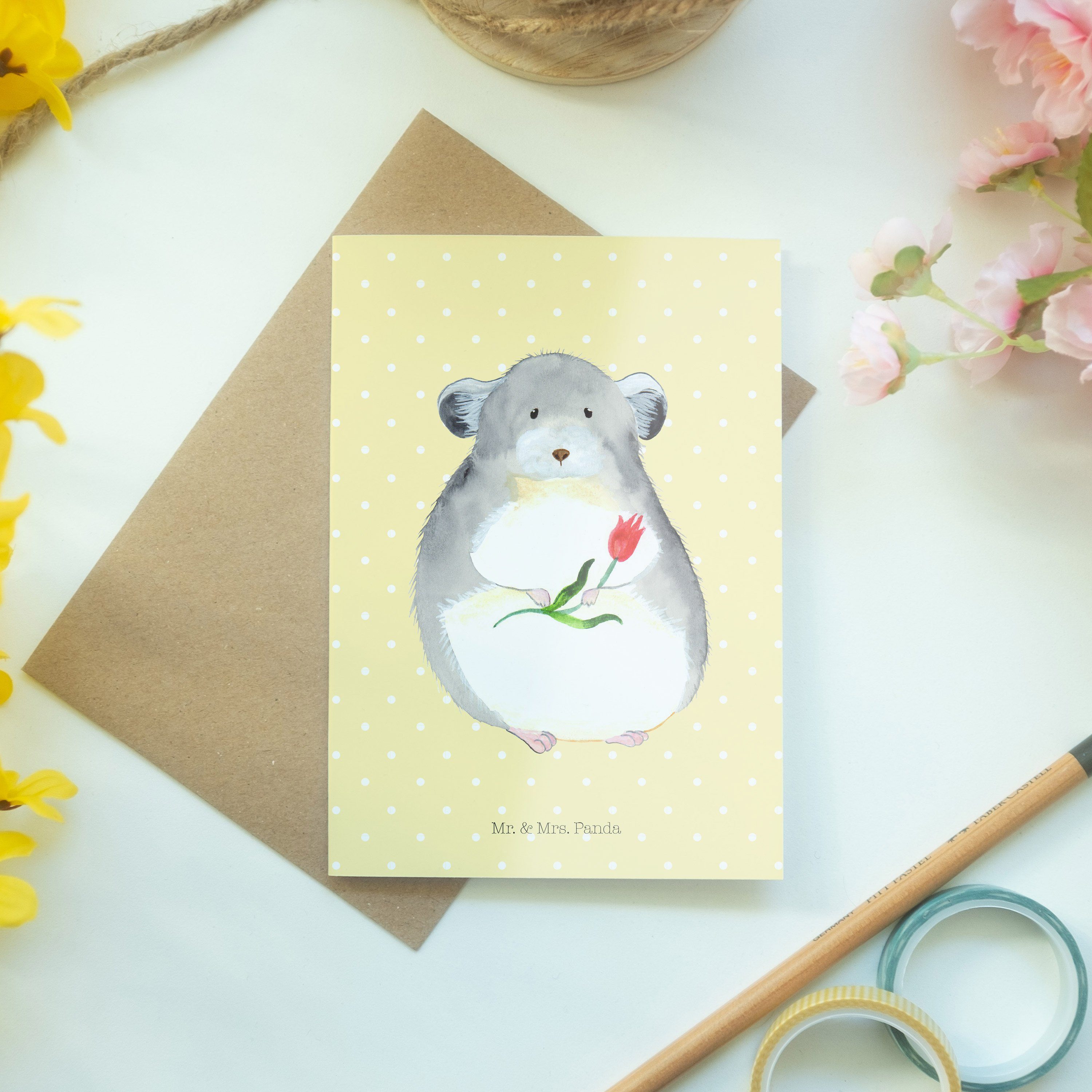 Mrs. - Grußkarte Pastell Mr. - Chinchilla & Panda Karte, Geschenk, mit Hochzeitskarte Gelb Blume