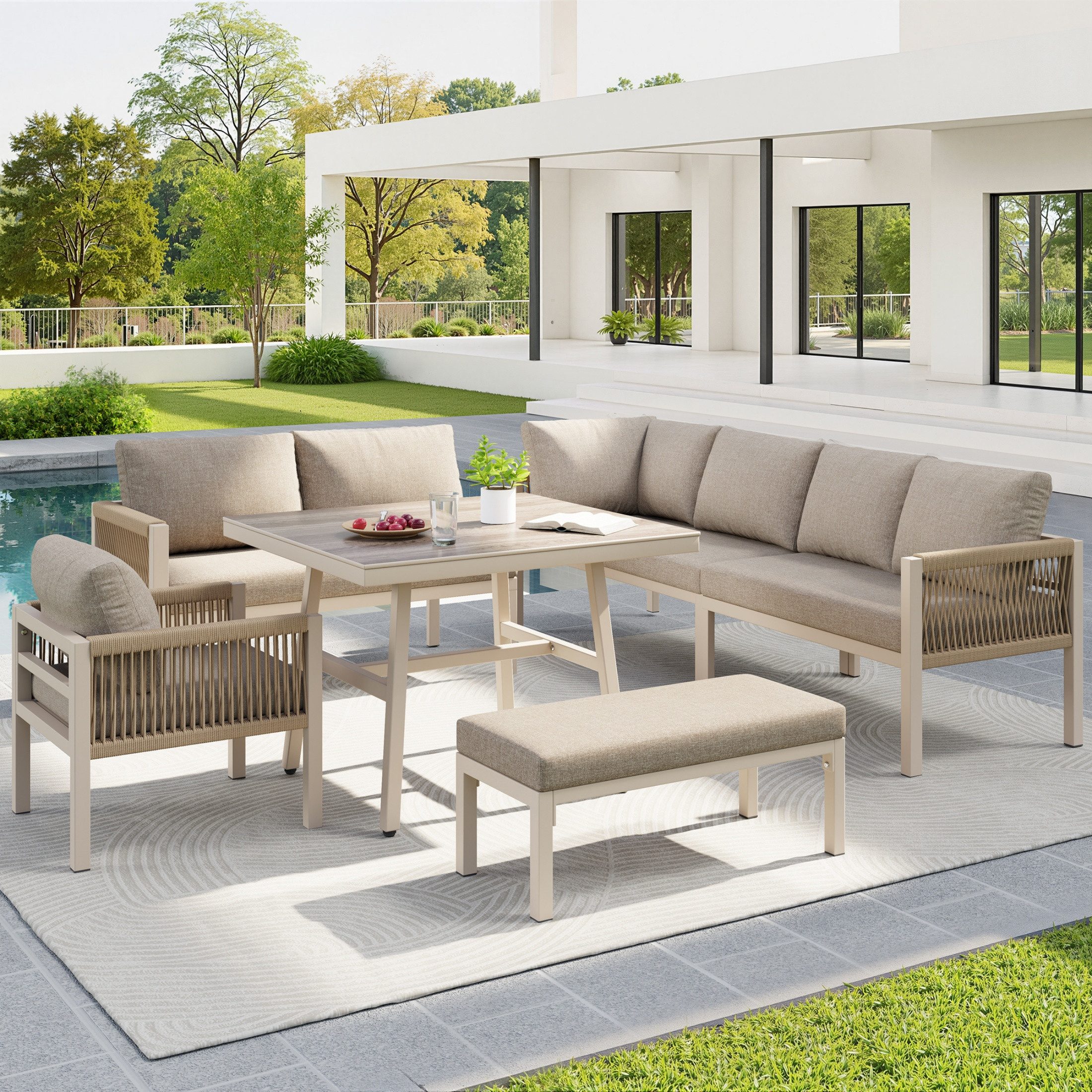 autolock Gartenlounge-Set Modulares Gartenmöbel-Set für bis zu 8 Personen mit Glas-Coffeetable, (Zweisitzer-Sofa ×3, Sessel ×1, Bank ×1, Tisch ×1), Wetterfest Outdoor-Sitzgruppe Terrassenmöbel für Pool & Balkon