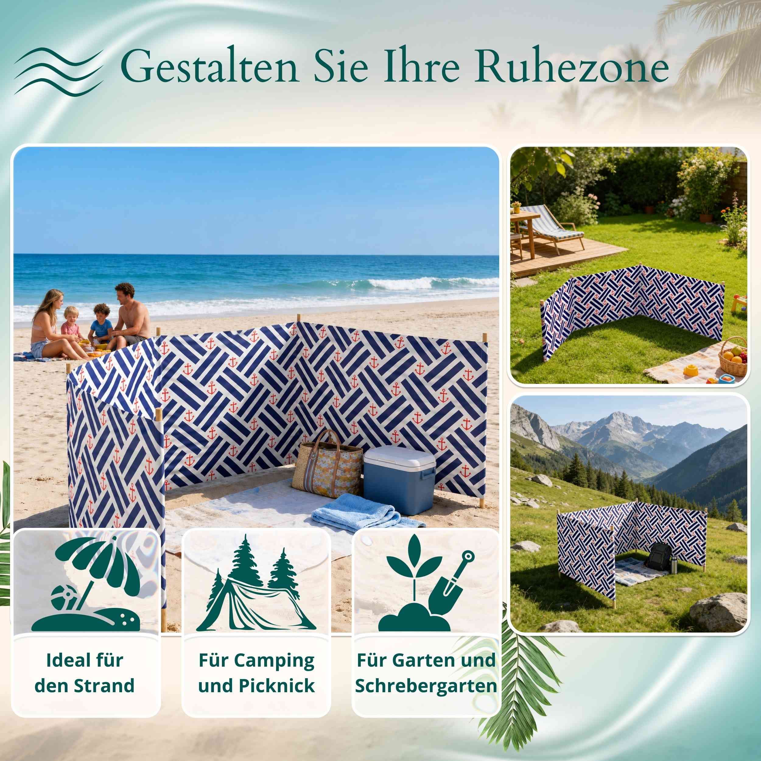 Lantigo Windschutz Sichtschutz Sonnenschutz Strandparavent aus Mikrofaser – portabel, (Anker, Länge: 4 m), - Faltbarer Sonnenschutz für Strand, Camping & Garten – Bild 5 von 5