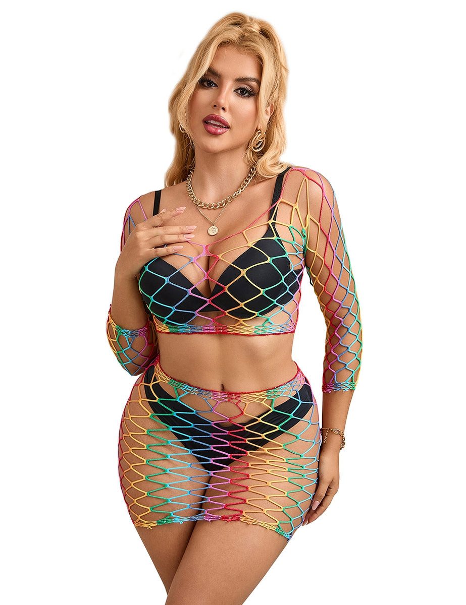 Lau-Fashion Bodystocking Catsuit Rock Neon Zweiteiler Rainbow Fishnet Transparent Stocking S/XL Transparent