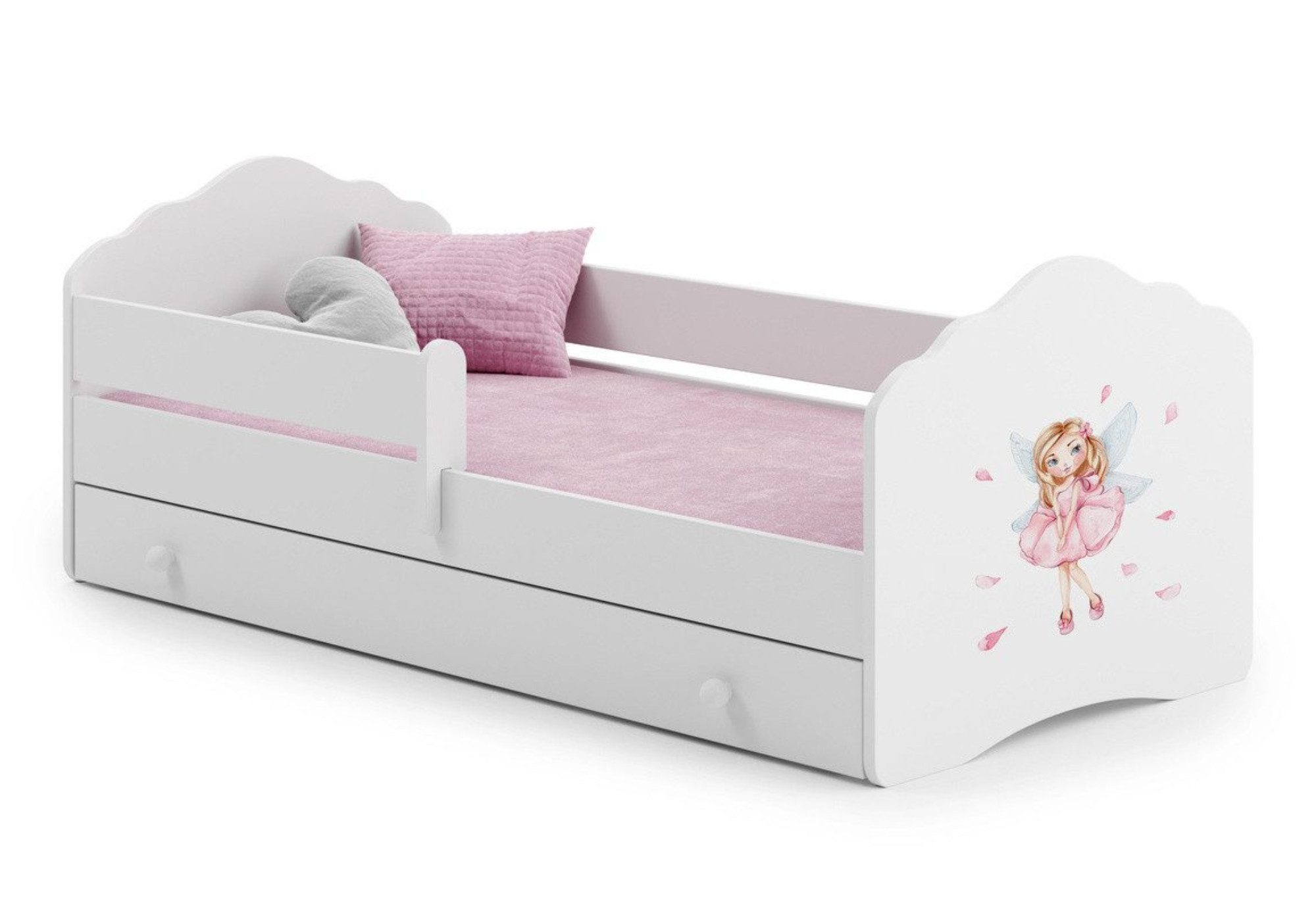 Kids Collective Kinderbett für Mädchen mit Matratze und Schublade & Lattenrost (70x140, 80x160 cm Jugendbett Einzelbett Komplettbett in weiß mit Prinzessin Motiv), Bett für Kinder Bett komplett Set Rausfallschutz Kinderbett 80x160 cm