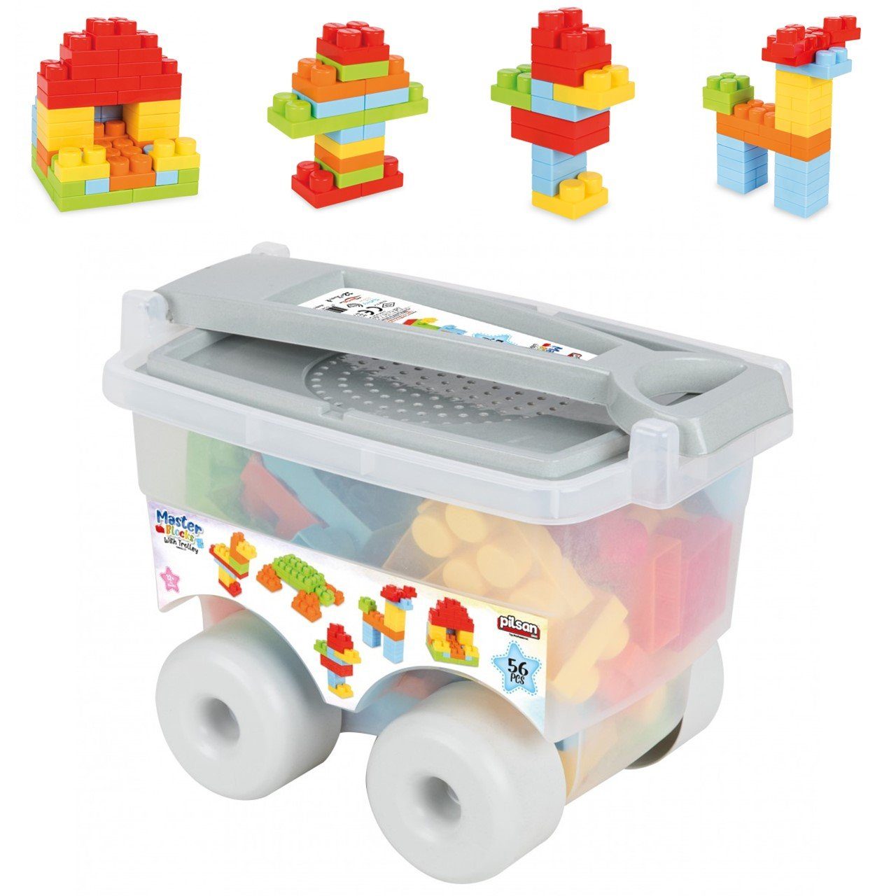 Pilsan Bausteine im Trolly 56 Teile Konstruktions-Spielset, (56 St), große bunte Bausteine, ab 12 Monaten