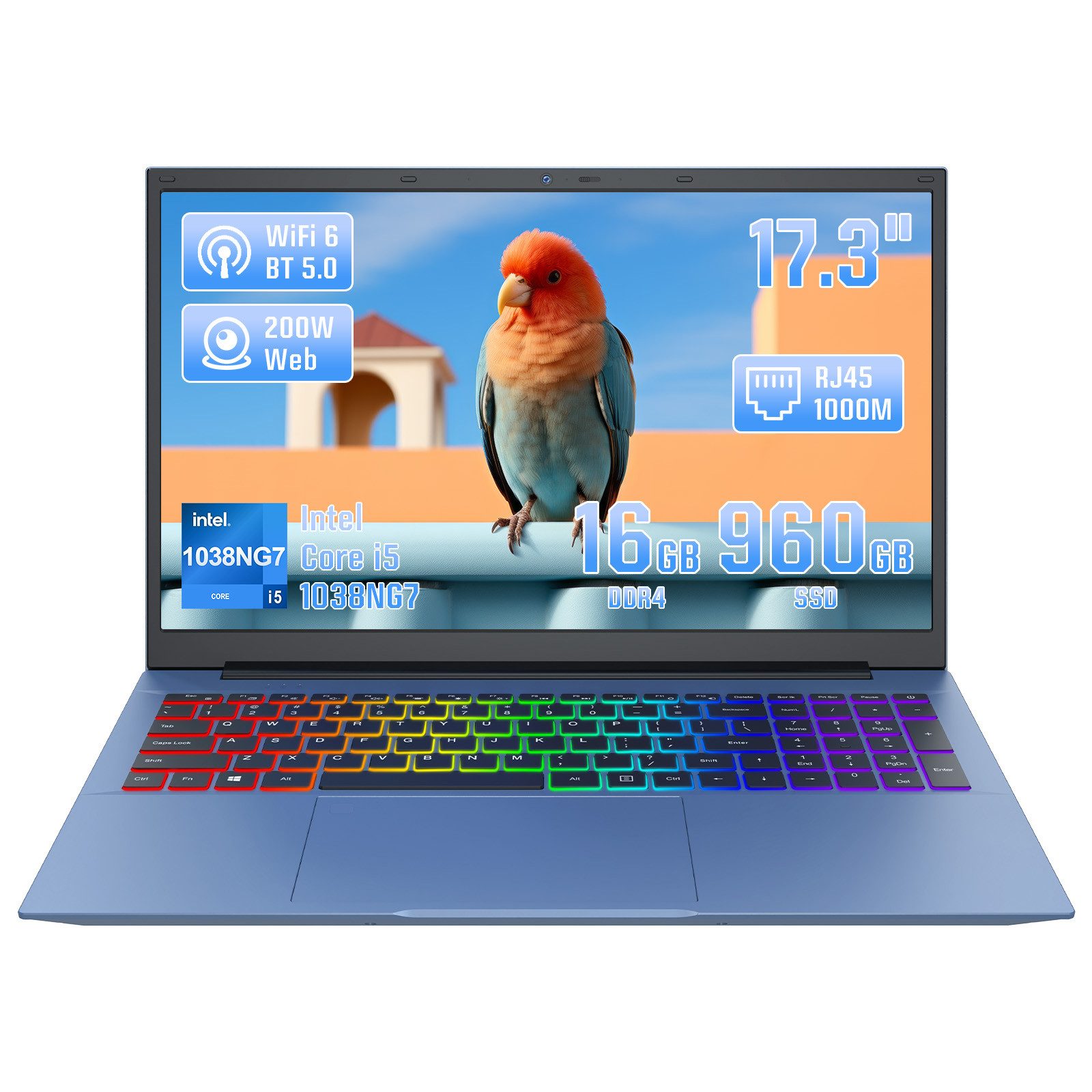 LONGEVINCE Full HD Business-Notebook, 16GB RAM Notebook (43,94 cm/17.3 Zoll, Intel Core i5-1038NG7, Intel UHD Graphics-Serie, 960 GB SSD, Wi-Fi 6, BT 5.0, 2-MP-Webcam)