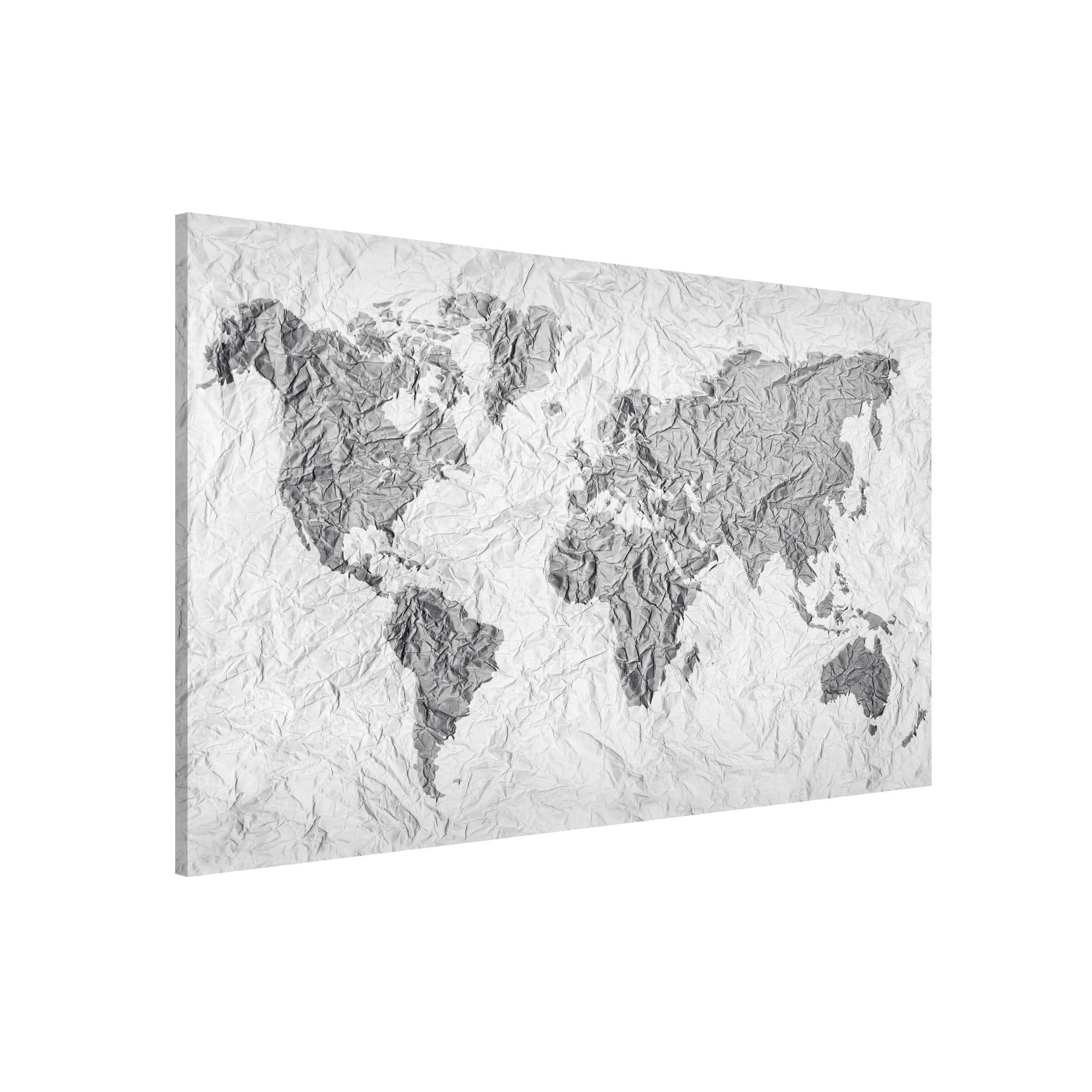 Bilderdepot24 Magnettafel Küche schwarz weiss Papier Weltkarte Weiß Grau, (1-tlg., Magnetboard Pinnwand für die Wand - metallische Tafel für Magnete), Magnetwand groß mit Motiv Büro Memoboard magnetisch Querformat