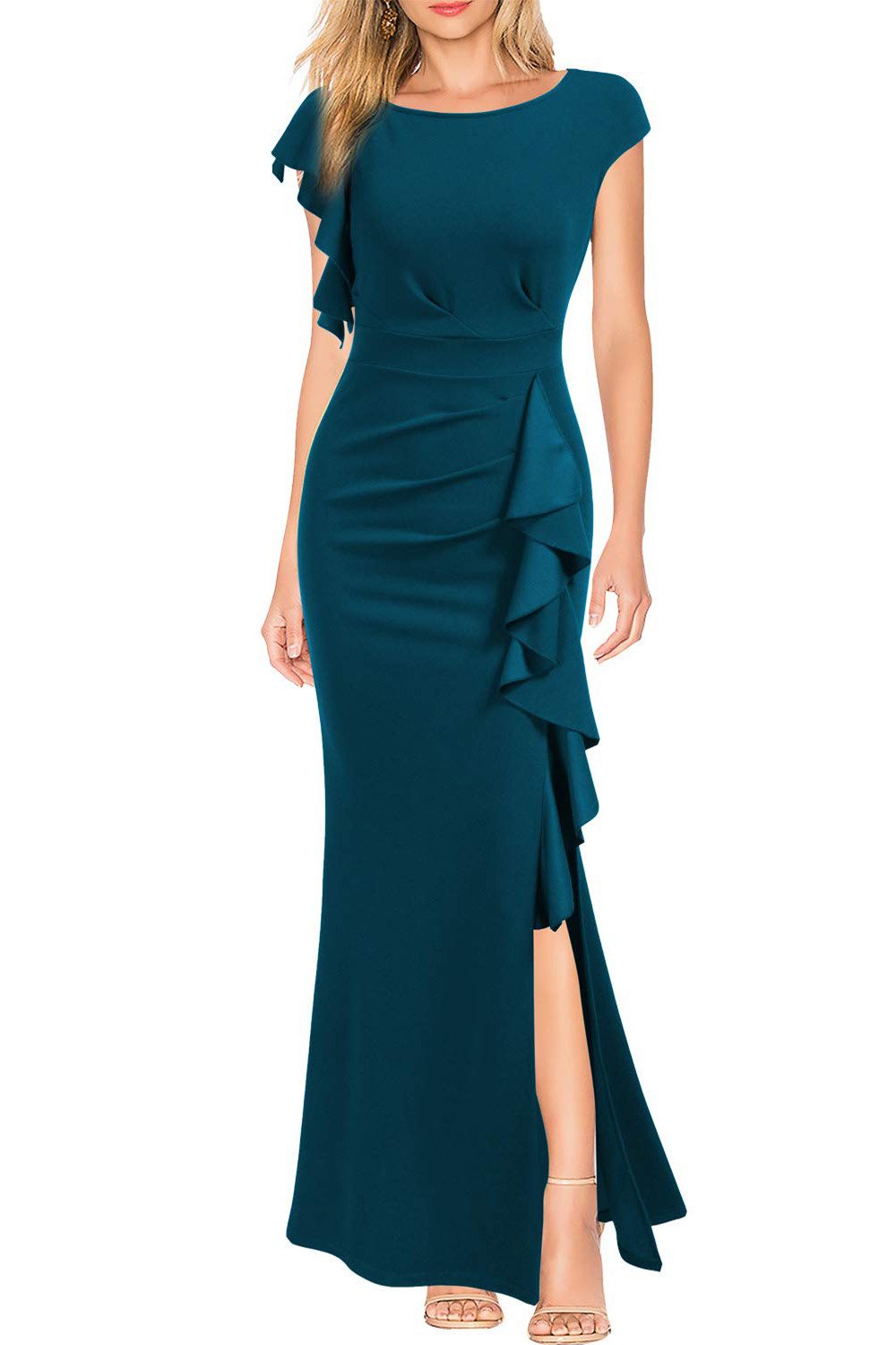 B.X Cocktailkleid Damen Sexy Rüschen Side Split, figurbetontes Kleid, Abend-langes Kleid Sommerkleid,Maxikleid,Minikleid,Einfarbig,Anmut