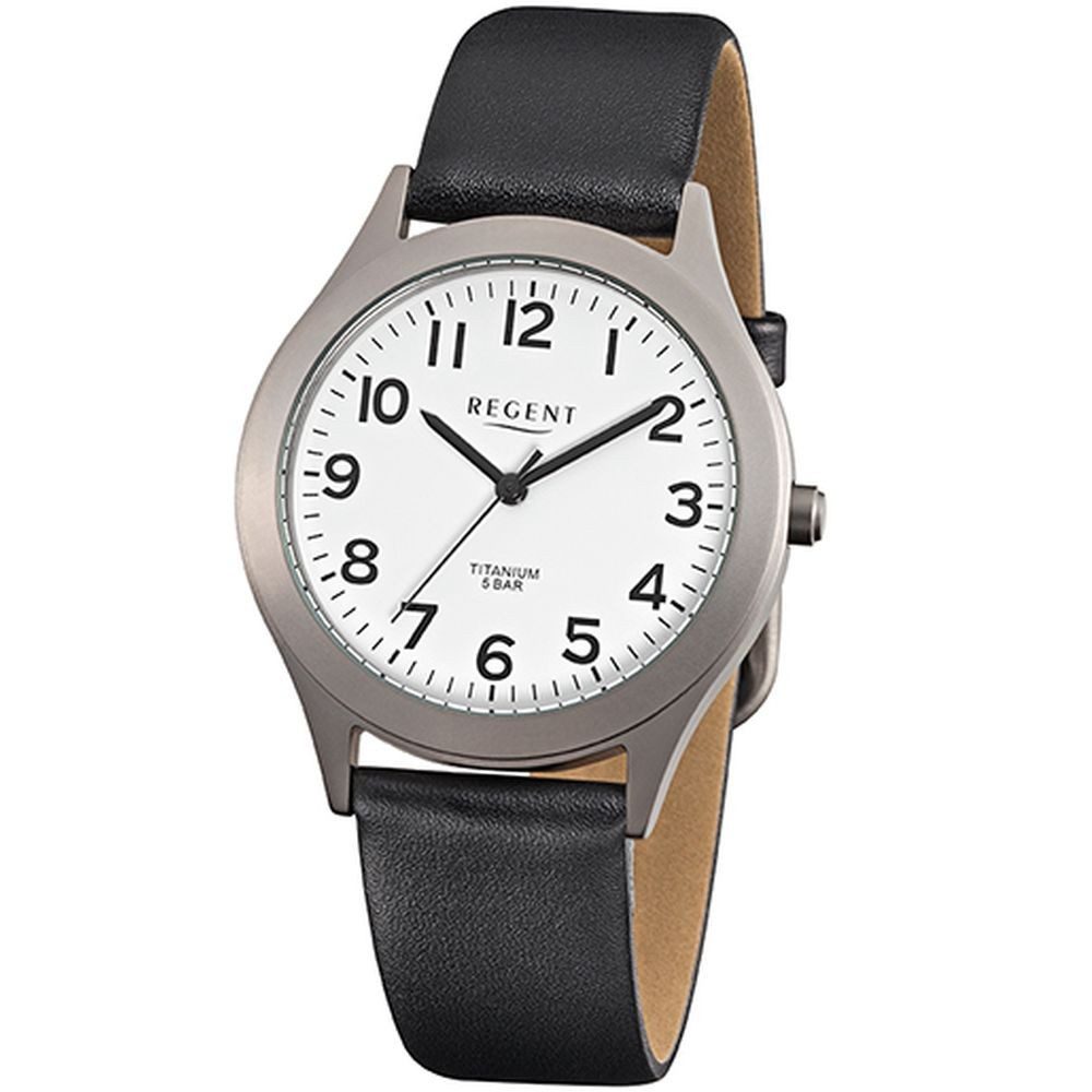 Regent Titanuhr REGENT Herren Armbanduhr F-842 weiß D. 37 mm Lederband schwarz