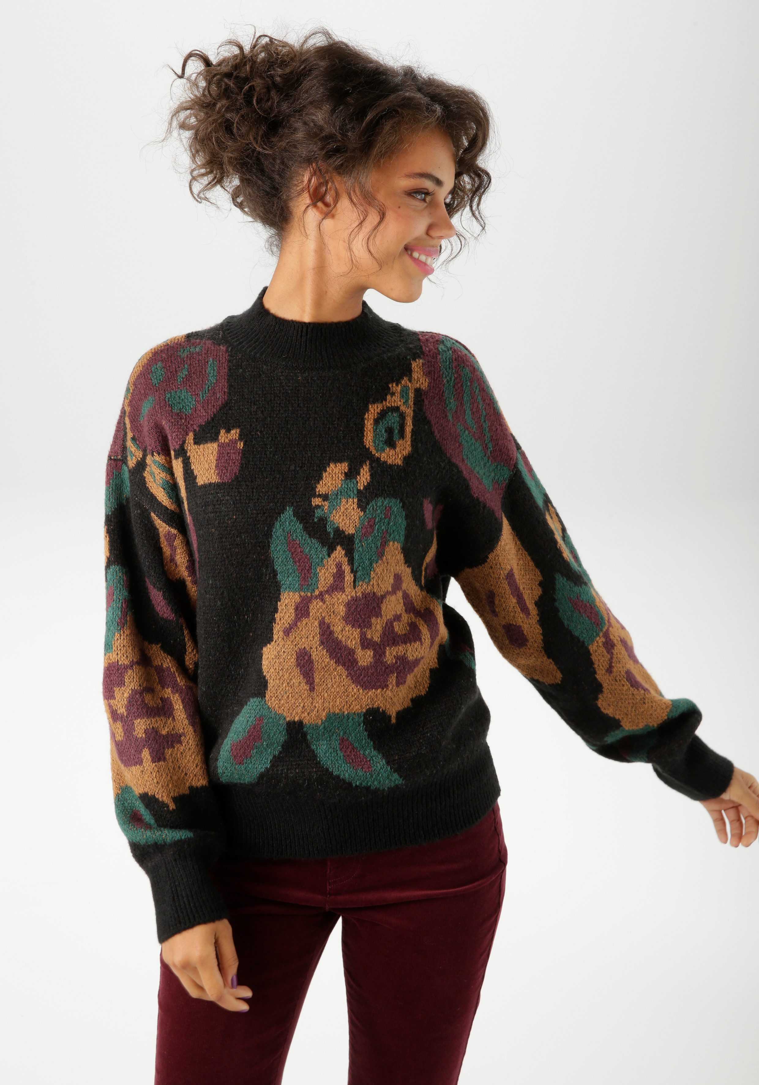 Aniston CASUAL Strickpullover mit großflächigen, eingestrickten Blüten günstig online kaufen