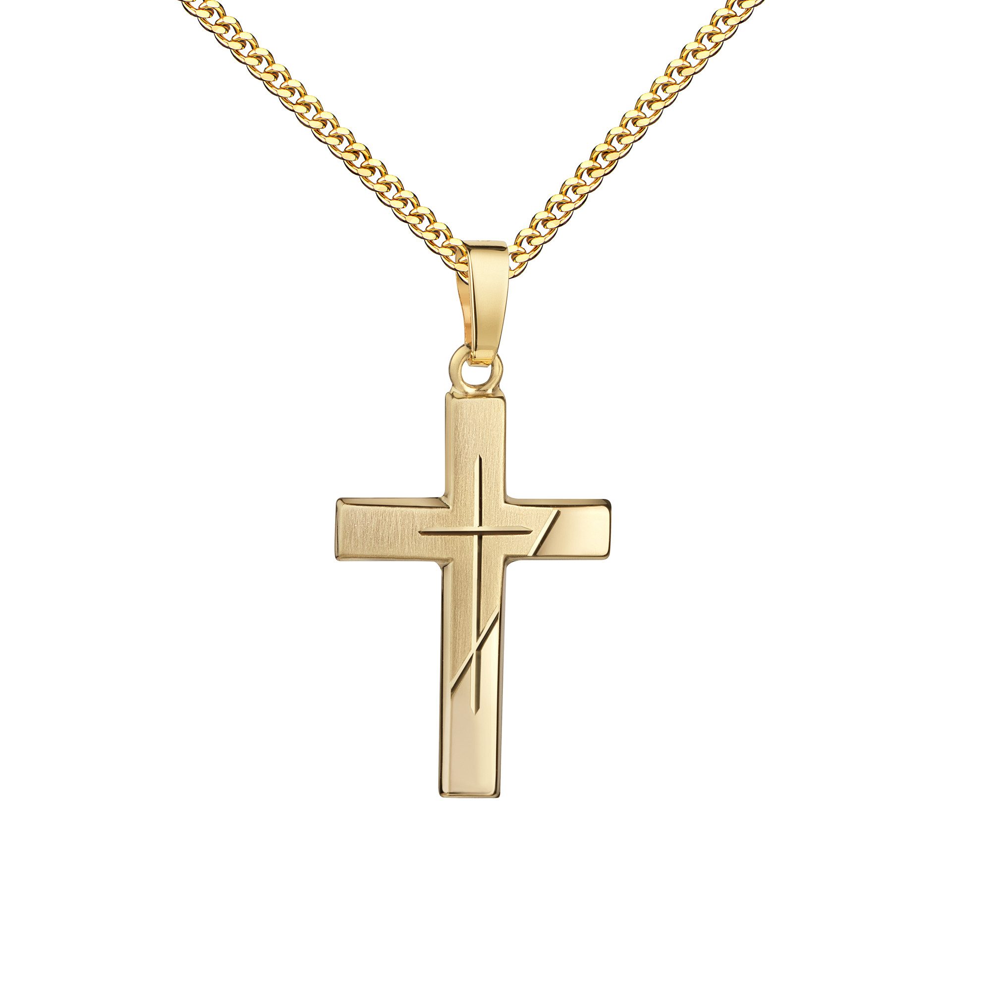 JEVELION Kreuzkette Kreuzanhänger 333 Gold Diamantschliff Kreuz in Kreuz - Made in Germany (Goldkreuz, für Damen und Mädchen), Mit Kette vergoldet- Länge wählbar 36 - 70 cm oder ohne Kette.