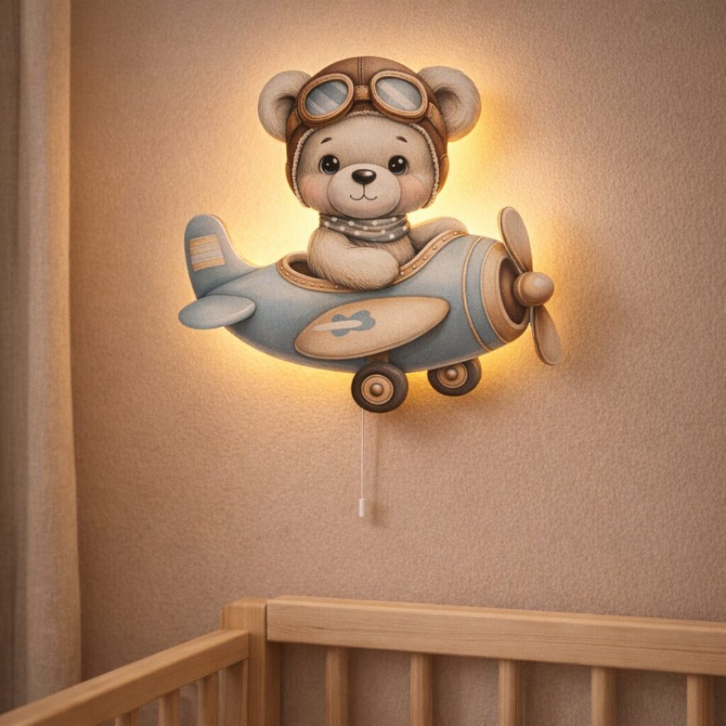 COZYCOLLECTIONS LED Wandleuchte Bär im Flugzeug LED-Wandnachtlicht, LED, Warmweiß, Montessori-inspiriertes Nachtlicht für ruhige Abendrituale
