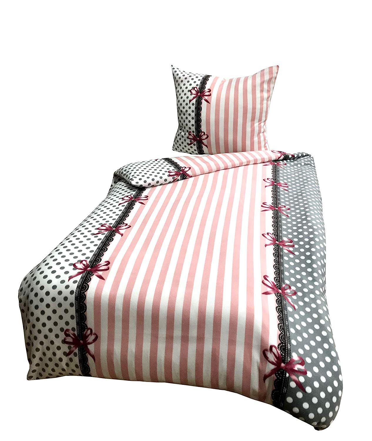 Visaggio Bettwäsche Winter Fleece Bettbezug flauschig warm, Fleece, 2 teilig, Thermofleece kuschelig weich, Streifen und Schleifen