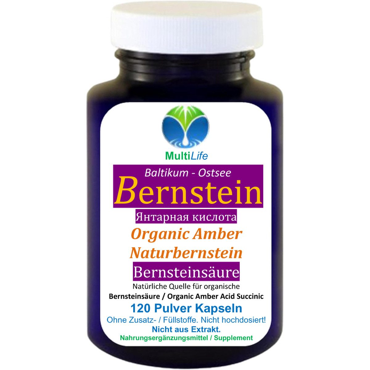 MultiLife Natur-Bernsteinpulver naturrein mit Bernsteinsäure ohne Zusatzstoffe Kapseln, 1 er Dose à 120 St., 60 g, Art. 27335-120