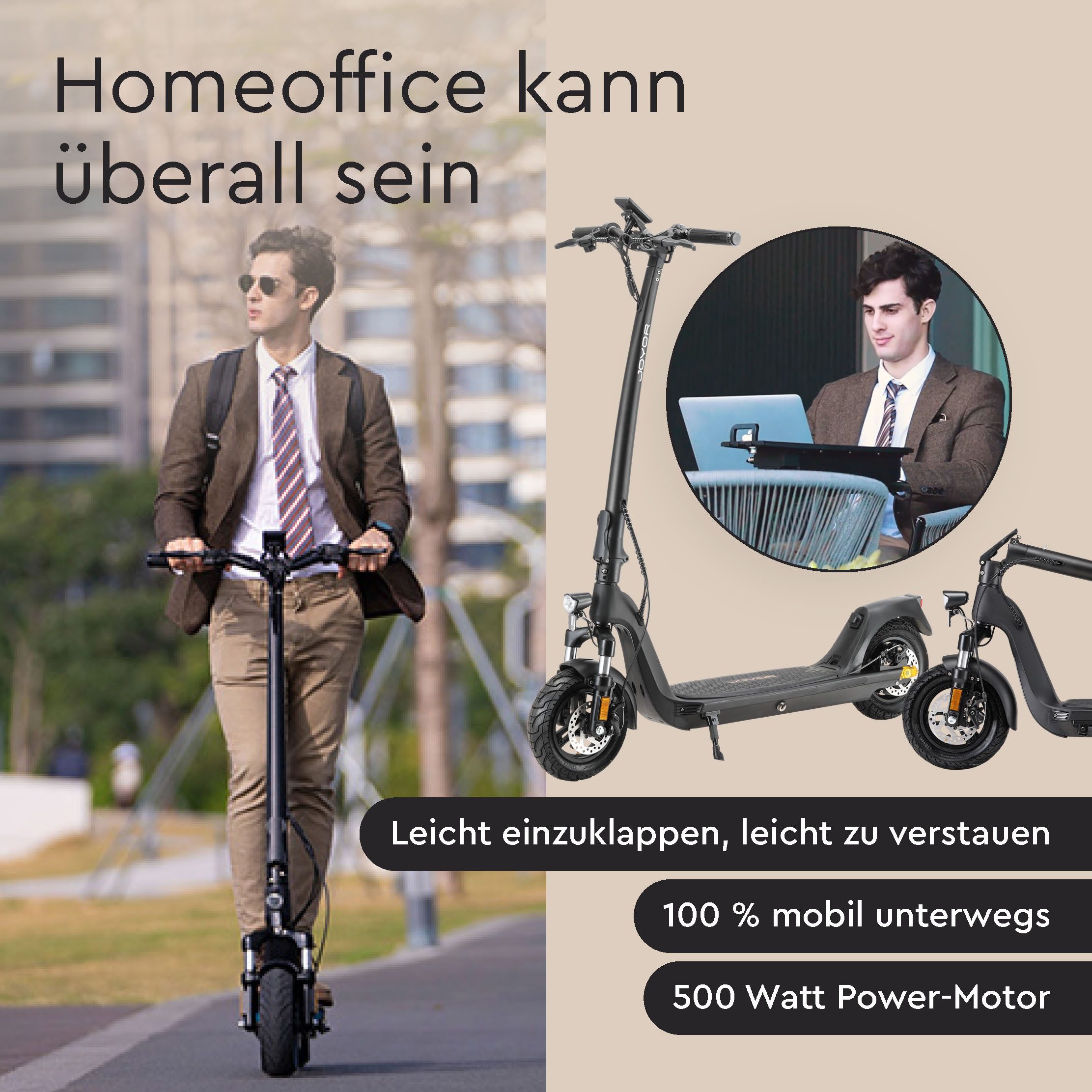 JOYOR E-Scooter Elektroroller mit Straßenzulassung C10E herausnehmbarer Akku 500Wh 10", 500 W, 20 km/h, wechselbarer Akku, Magnesiumrahmen 25% Steigfähigkeit