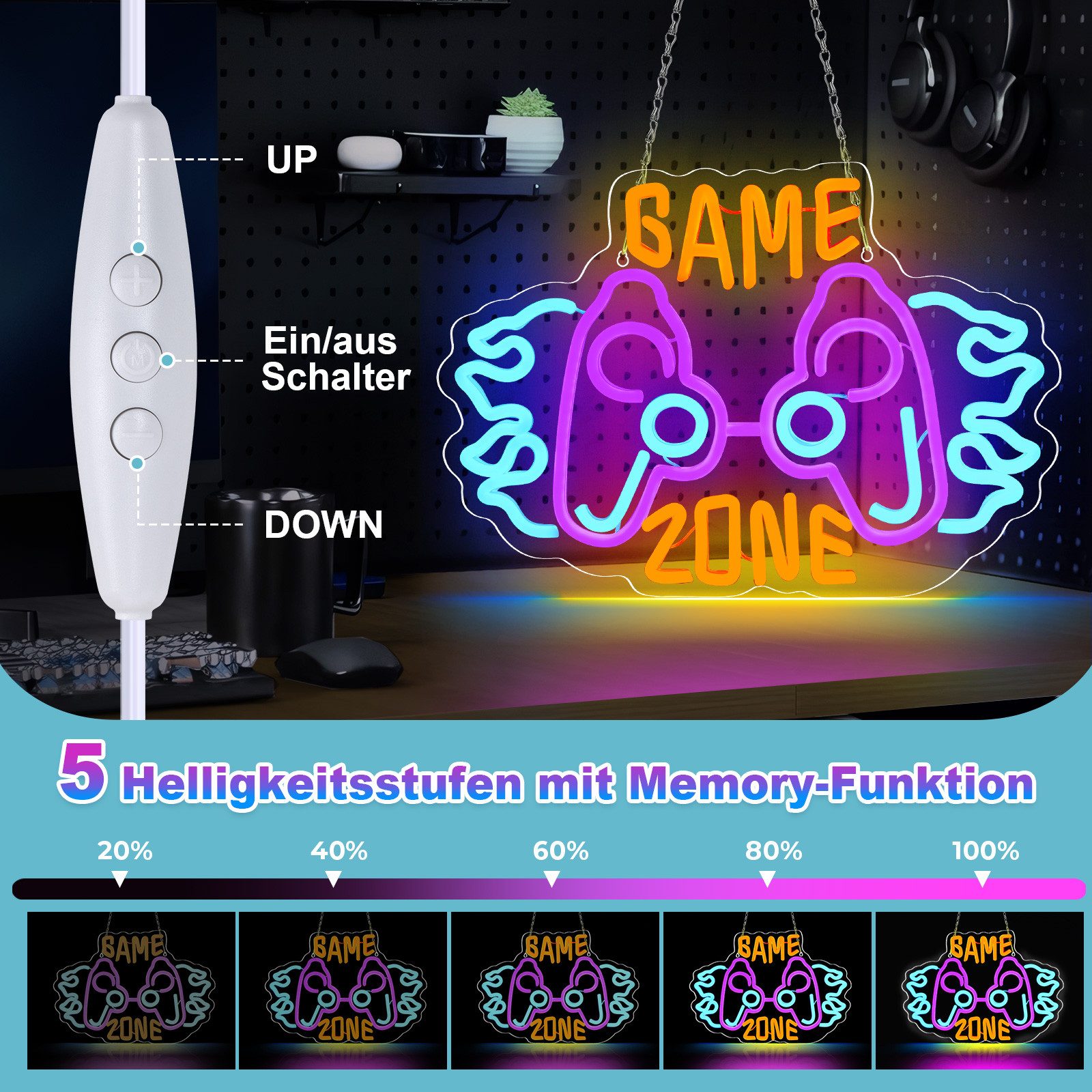 JIBENNEON LED Dekoobjekt GAME Spiel Neon Sign Dimmbar Neonschild Wanddekoration USB, Schalter, Griffform-GAME ZONE, LED fest integriert, Leuchtreklamen LED Nachtlicht Wandleuchten