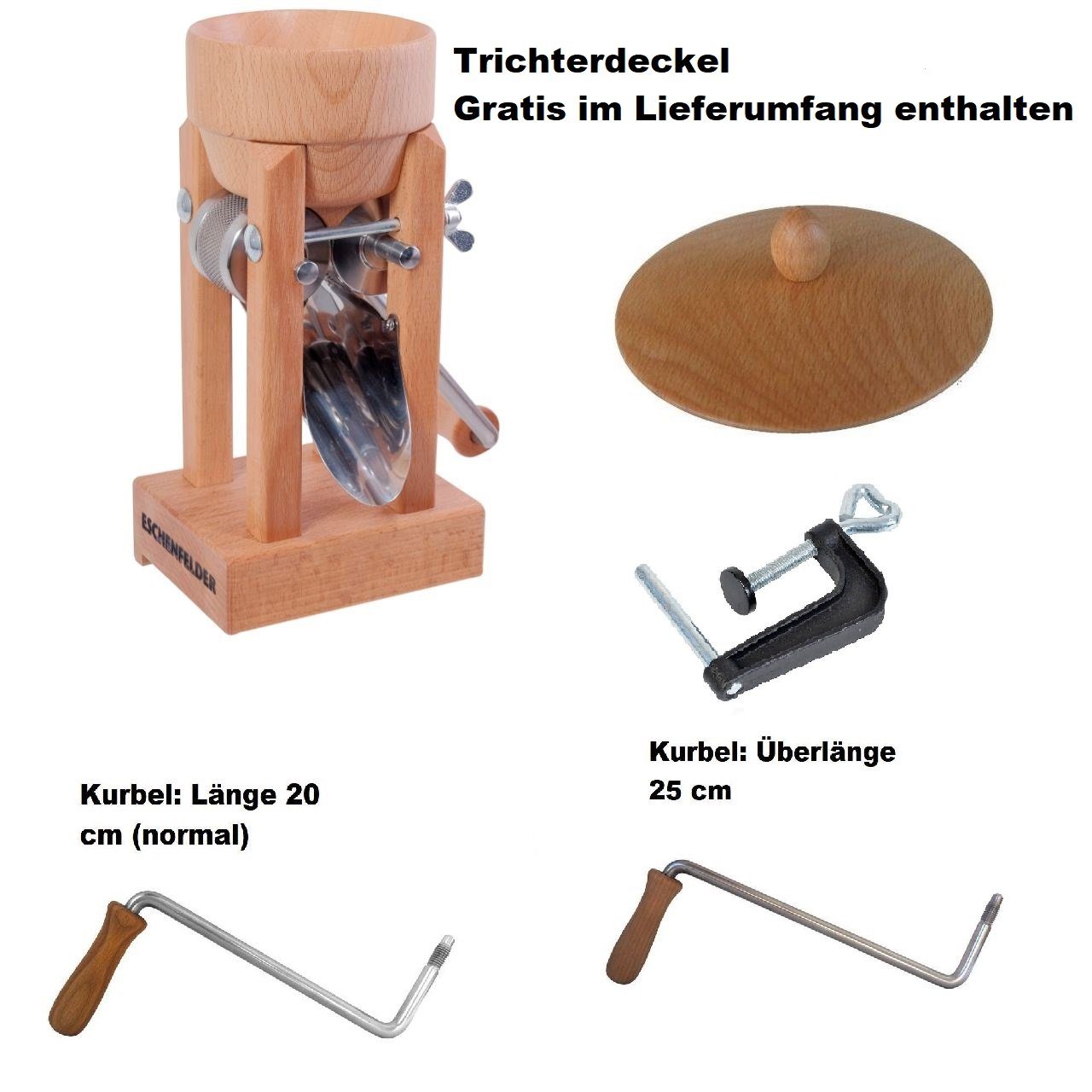 Eschenfelder Getreidemühle Kornquetsche Flockenquetsche Tischmodell Holztrichter abnehmbar Set Manuell, (4 Stück), Kurbel 20cm mit Tisch-Schraubzwinge, Reinigungsbürste, Trichterdeckel | Getreidemühlen