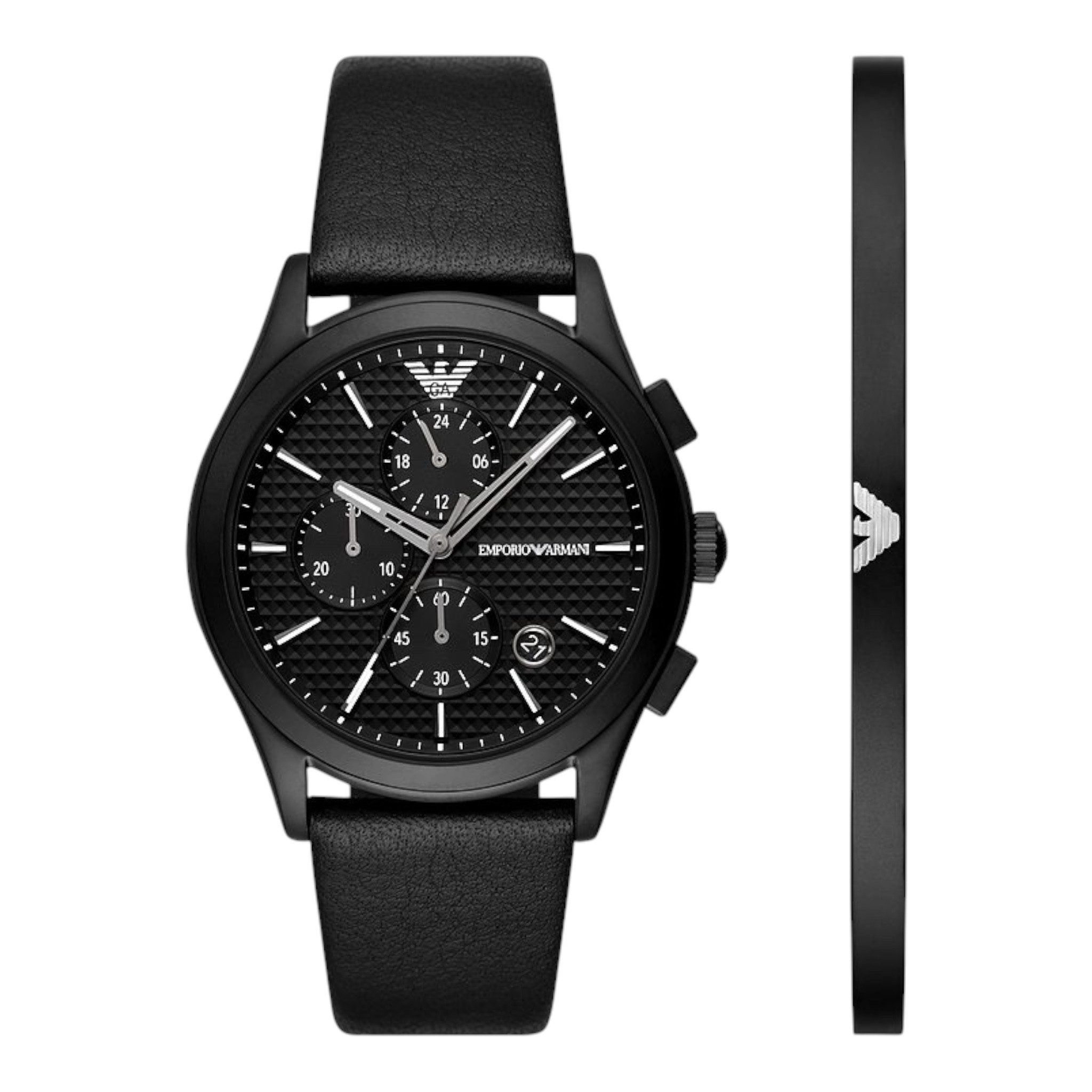 Emporio Armani Quarzuhr Herren Chronograph Uhren-Set Schwarz Leder AR80070SET, (2-tlg)