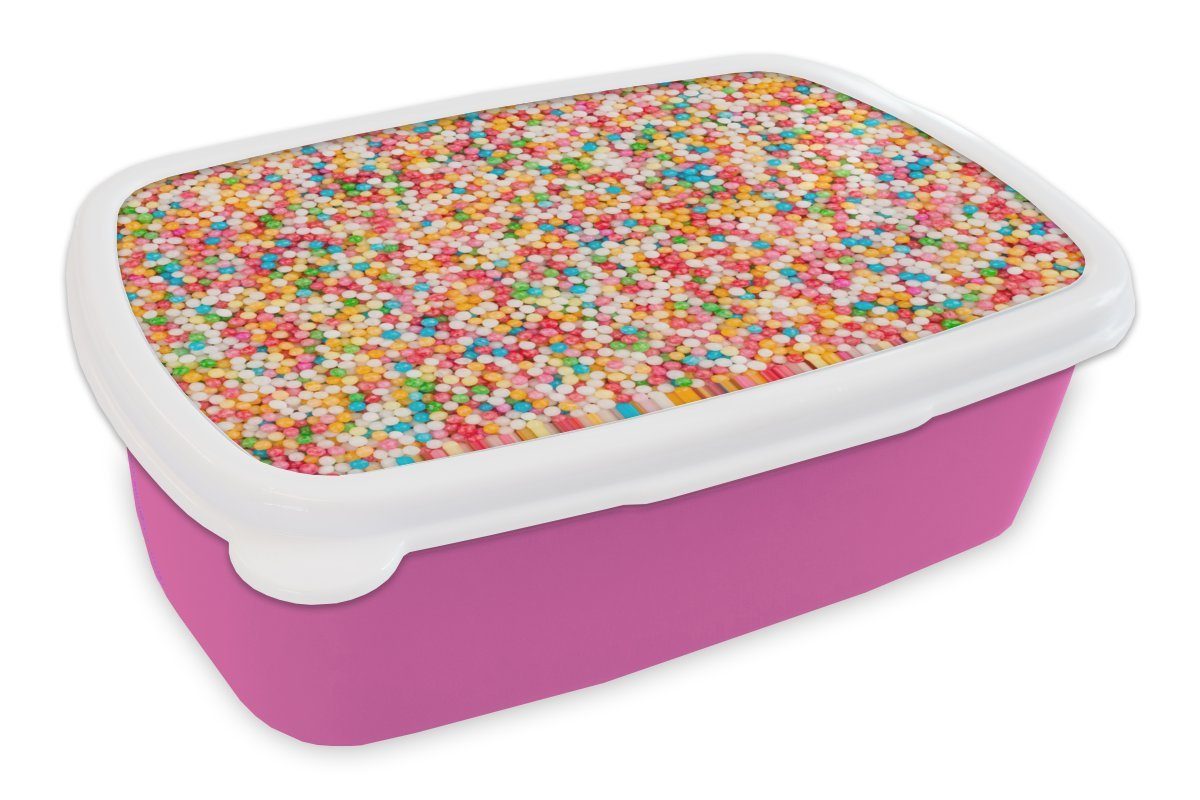 MuchoWow Lunchbox Zuckerkugeln in Regenbogenfarben, Kunststoff, (2-tlg), Brotbox für Erwachsene, Brotdose Kinder, Snackbox, Mädchen, Kunststoff rosa