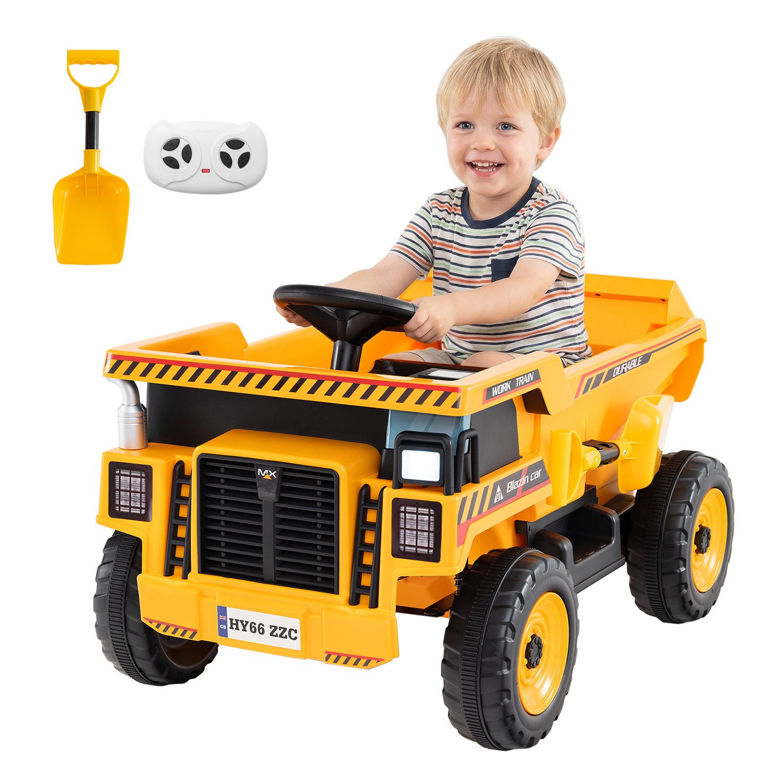 KOMFOTTEU Elektro-Kindertraktor, Belastbarkeit 30 kg, Spielzeugauto mit Anhänger, Hupe, Musik, Geschichte & USB