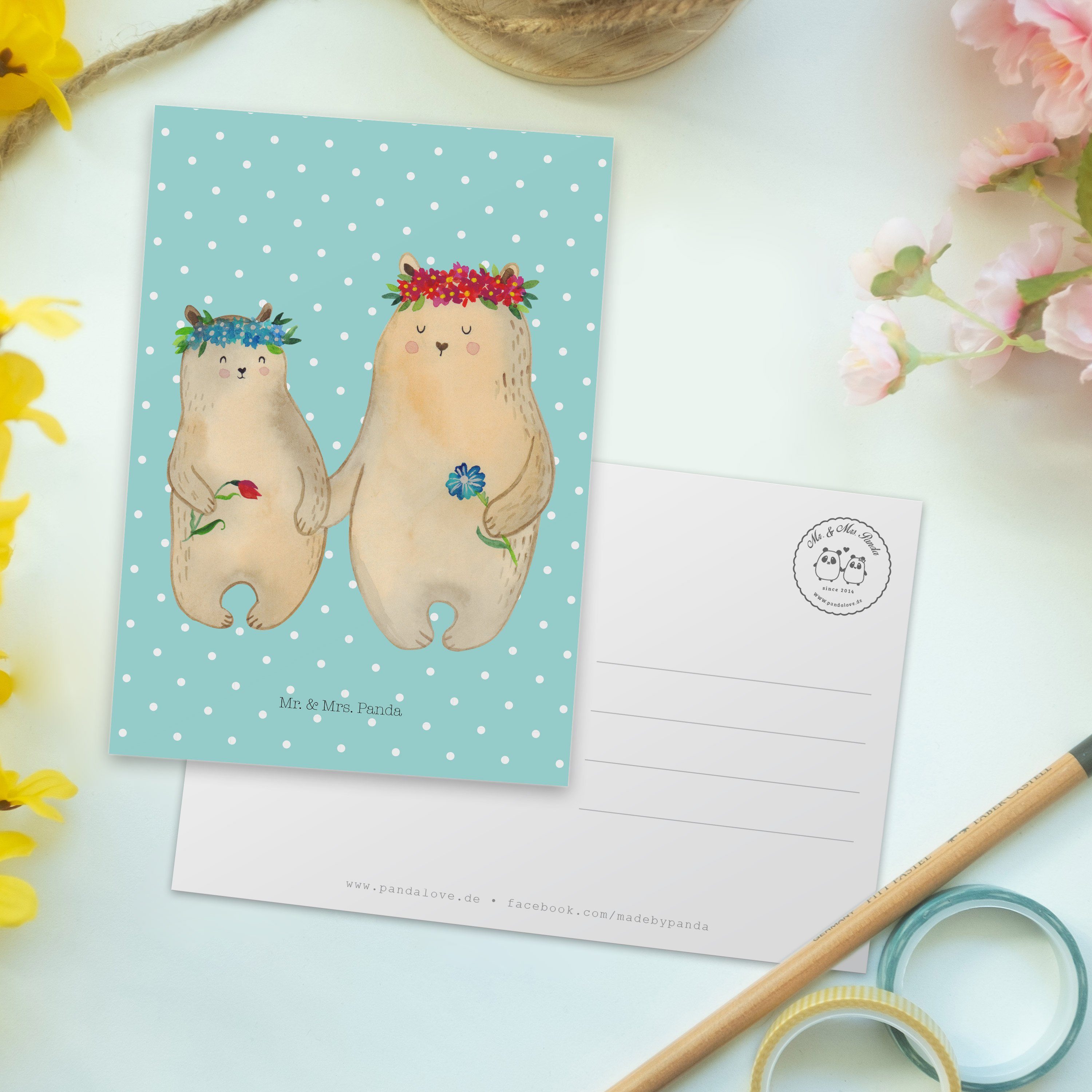 Geschenk, & Türkis Pastell Bären Mrs. Schwester Panda - Mr. Karte, - Blumenkranz Postkarte mit