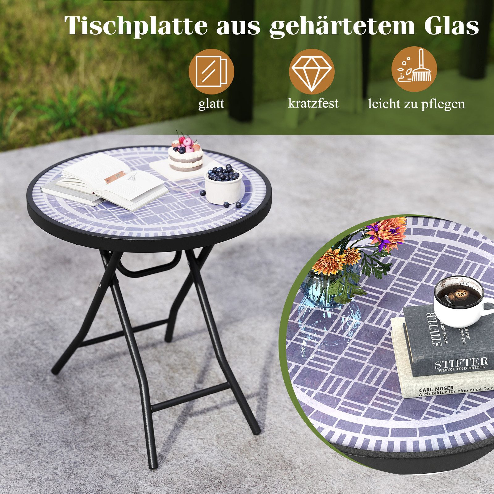 COSTWAY Gartentisch, Klapptisch, Beistelltisch klappbar, rund