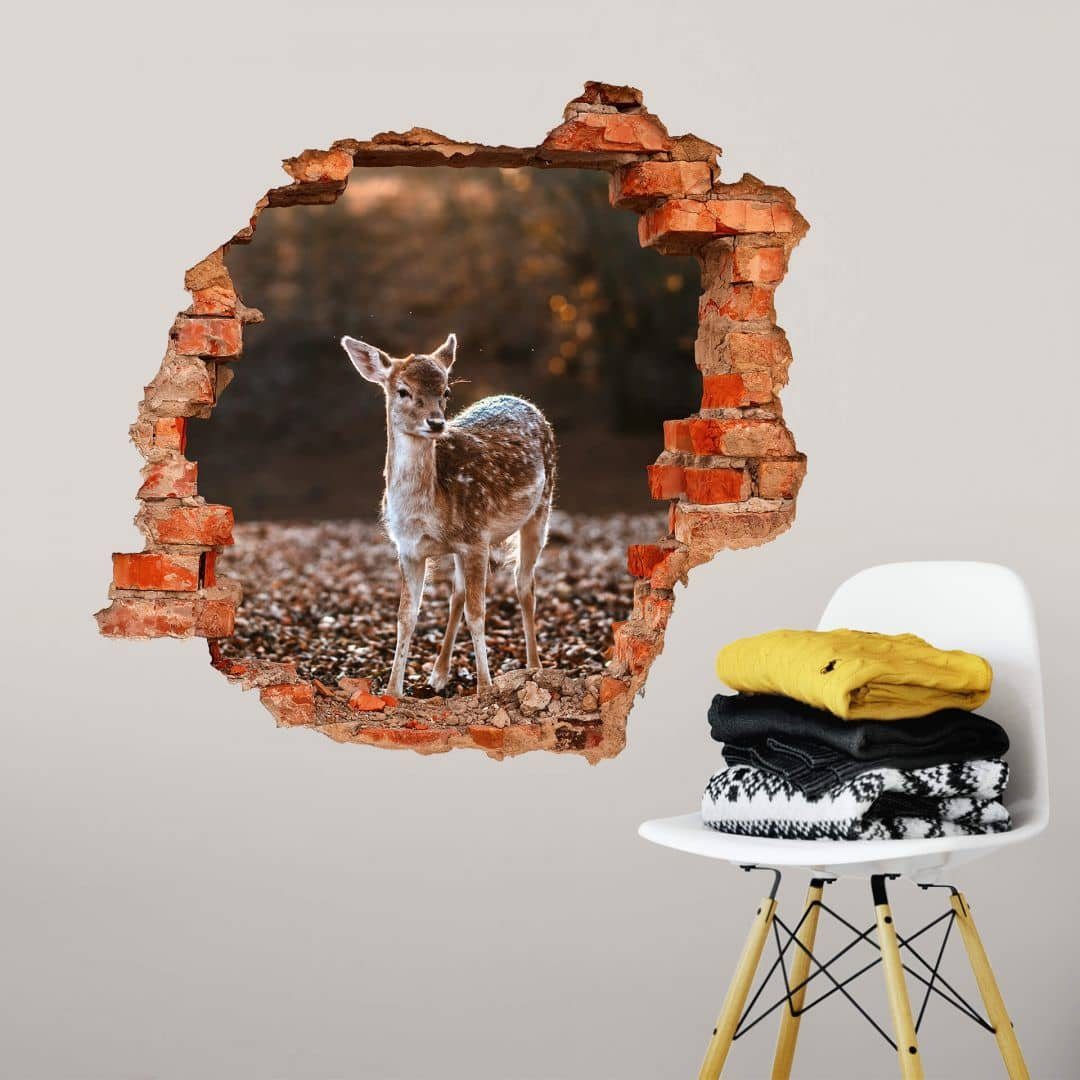 K&L Wall Art Wandtattoo 3D Wandtattoo Baby Reh Bambi Wandsticker Rehkitz Kinderzimmer Fawn, Mauerdurchbruch Wandbild selbstklebend