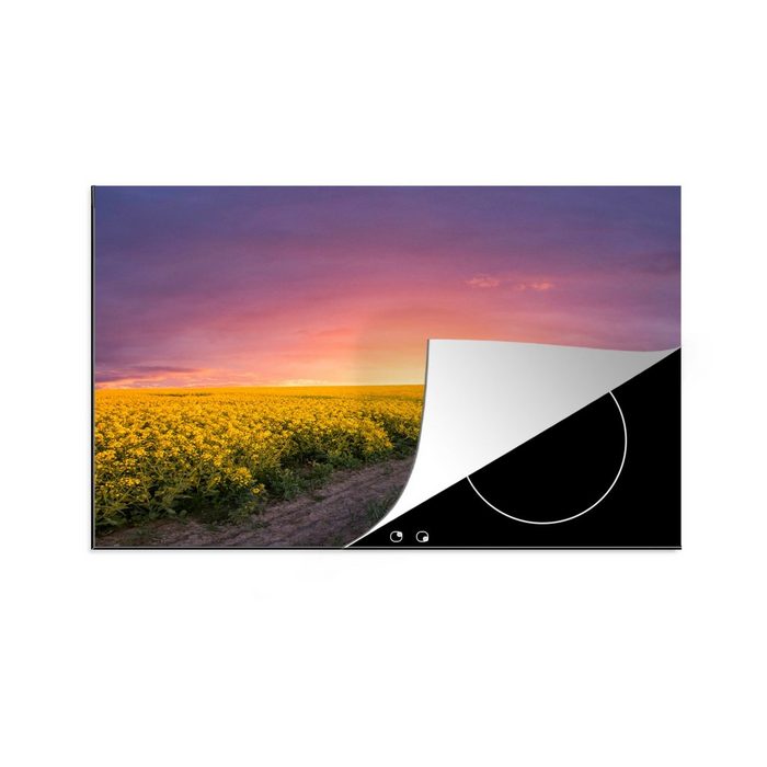 MuchoWow Herdblende-/Abdeckplatte Blumen - Straße - Himmel - Gelb - Lila - Sonnenuntergang - Natur Vinyl (1 tlg) induktionskochfeld Schutz für die küche Ceranfeldabdeckung