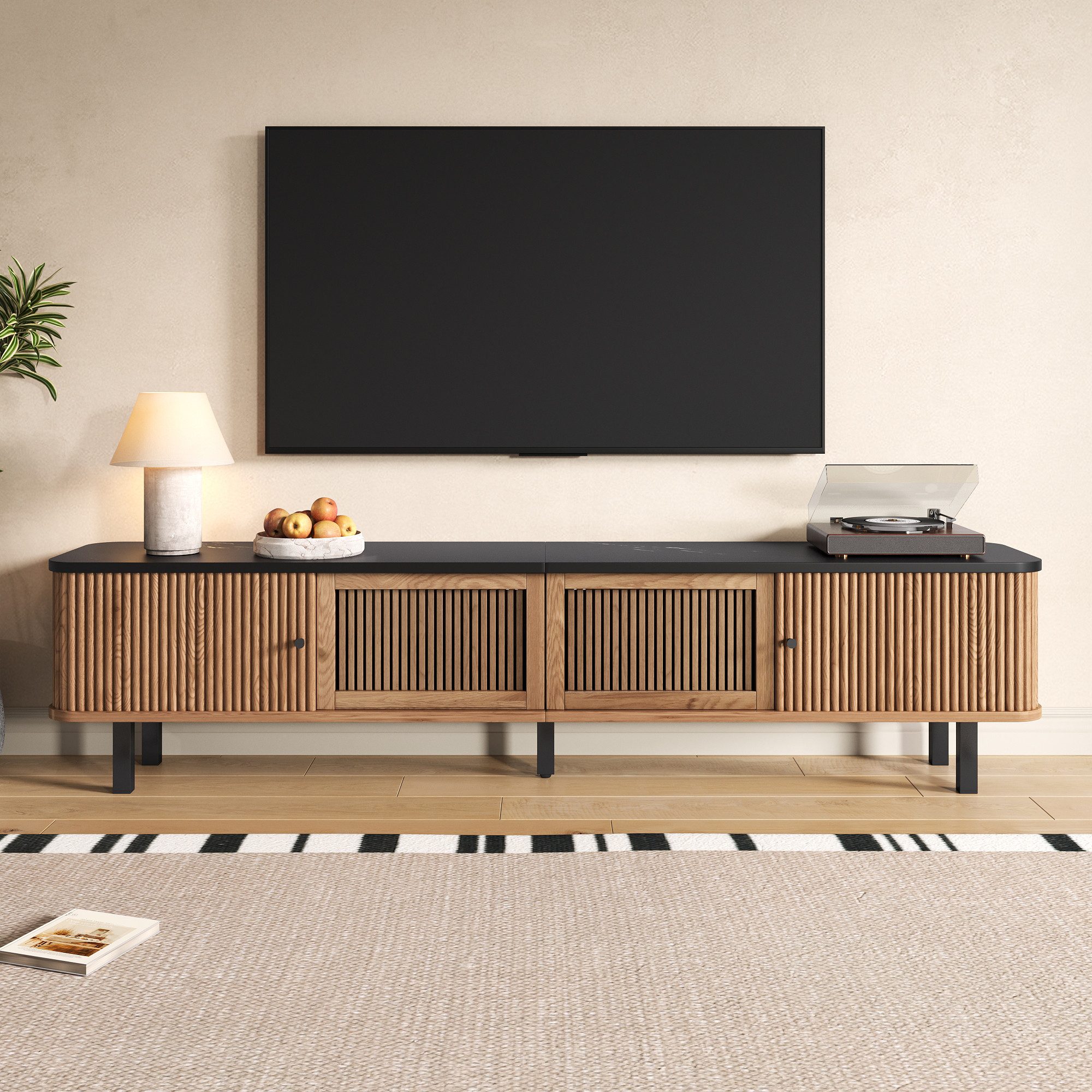 Merax Lowboard mit Gitterdesign und schwarzen Eisen-Griffe (1 St., Fernsehschrank in Oak/Walnut Optik), TV-Schrank mit 2 Schiebetüren, 2 Klapptüren & Stauraum, 190x35x45cm