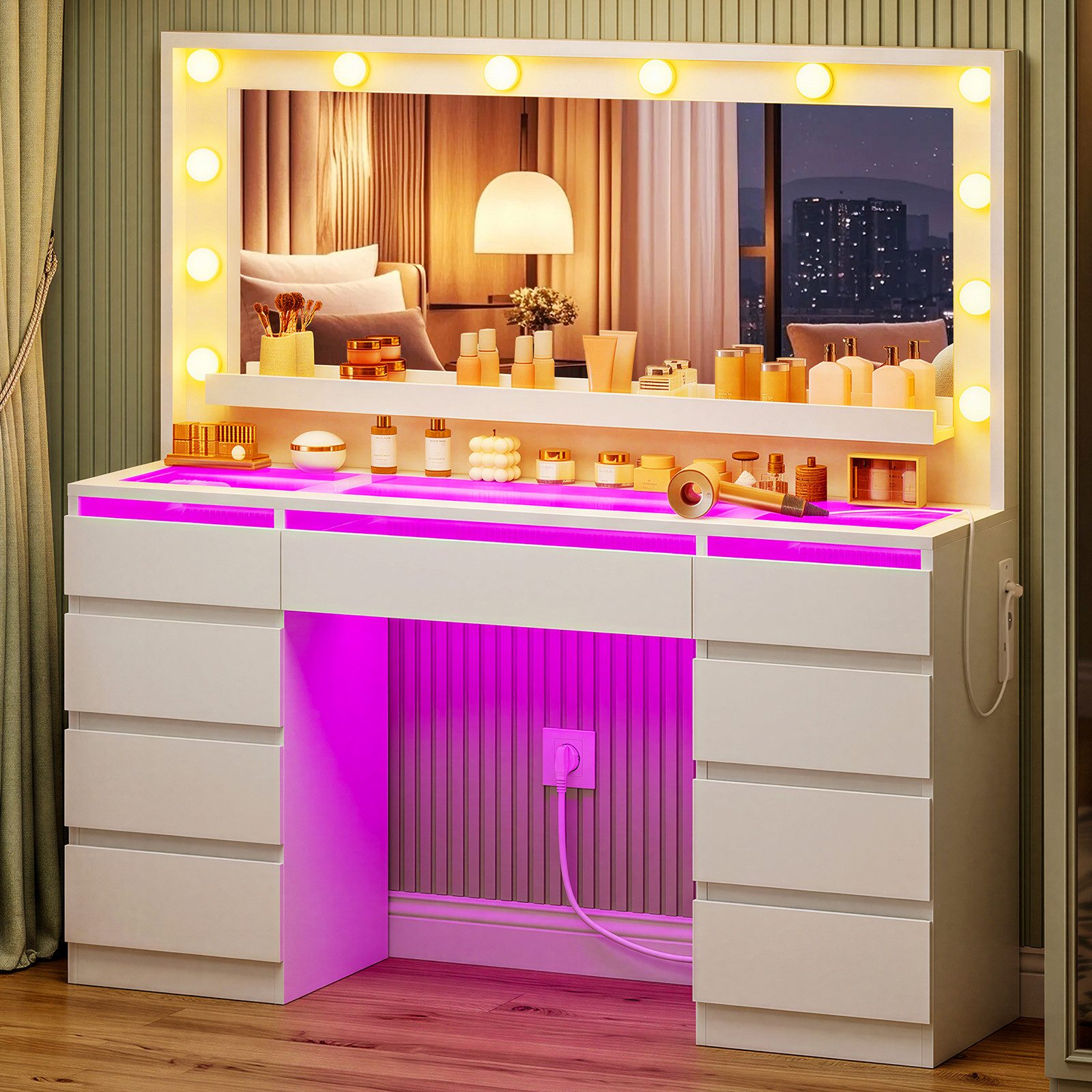 TEENFON Schminktisch Schminkkommode mit RGB-LED-Beleuchtung und 9 Schubladen (1-St), für das Schlafzimmer, Weiß