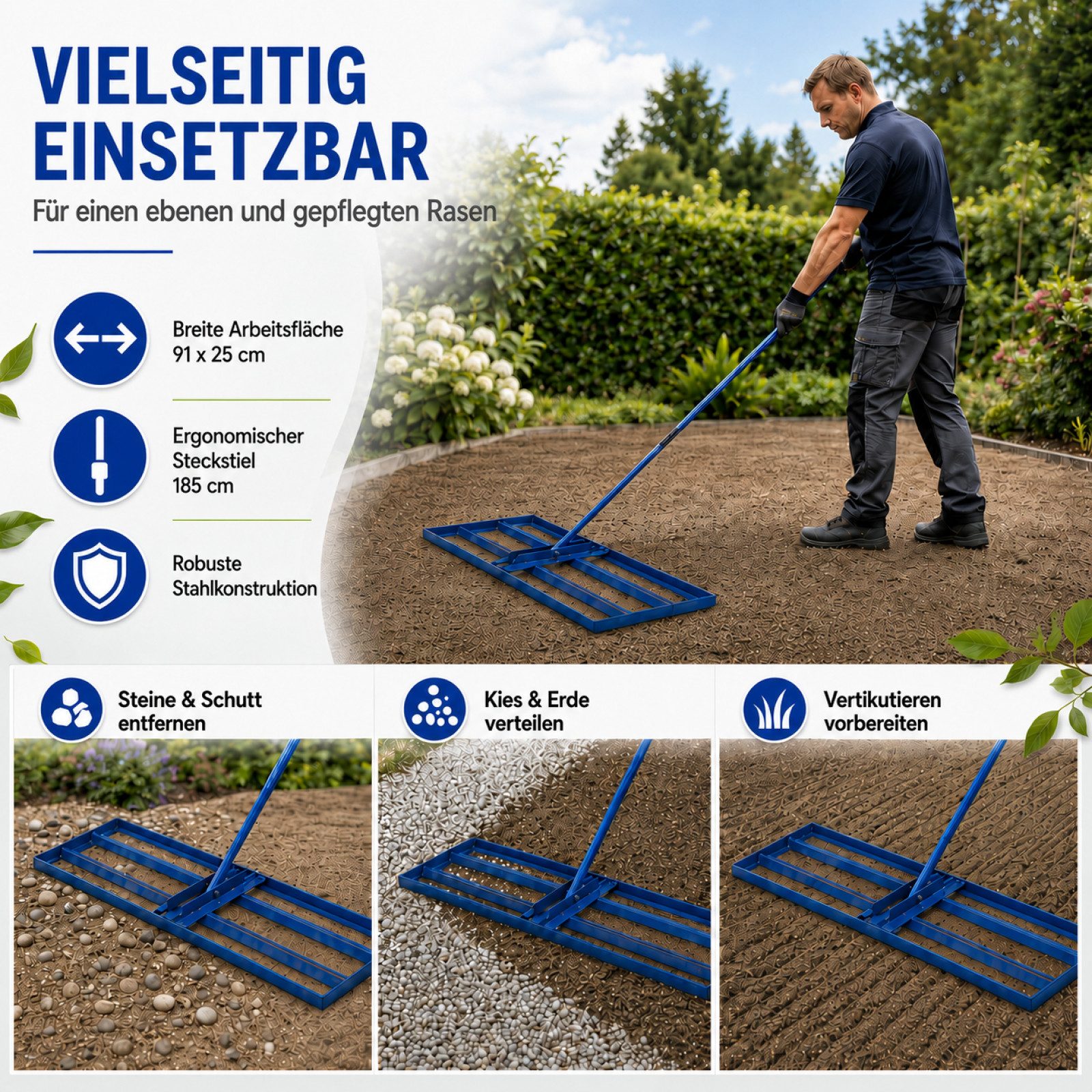 Bituxx Rasenrechen Rasenrakel 91x25 cm, 91 cm Arbeitsbreite, mit 185 cm langem Stiel, (Packung, MS-19336) – Bild 5 von 5