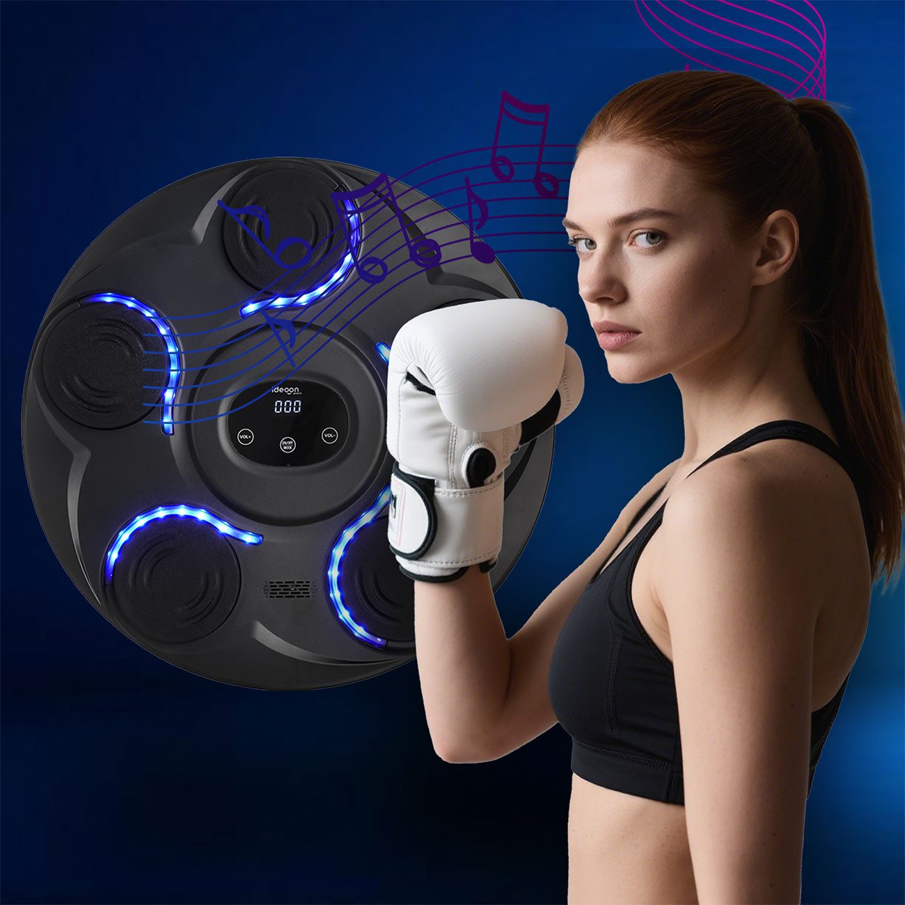 shop'n smile ideoon Boxmaschine Musik-Boxmaschine mit Bluetooth 7 Stufen Fitness-Trainer mit BT, LED-Zielen & Boxhandschuhen/kabellos/Boxing-Maschine