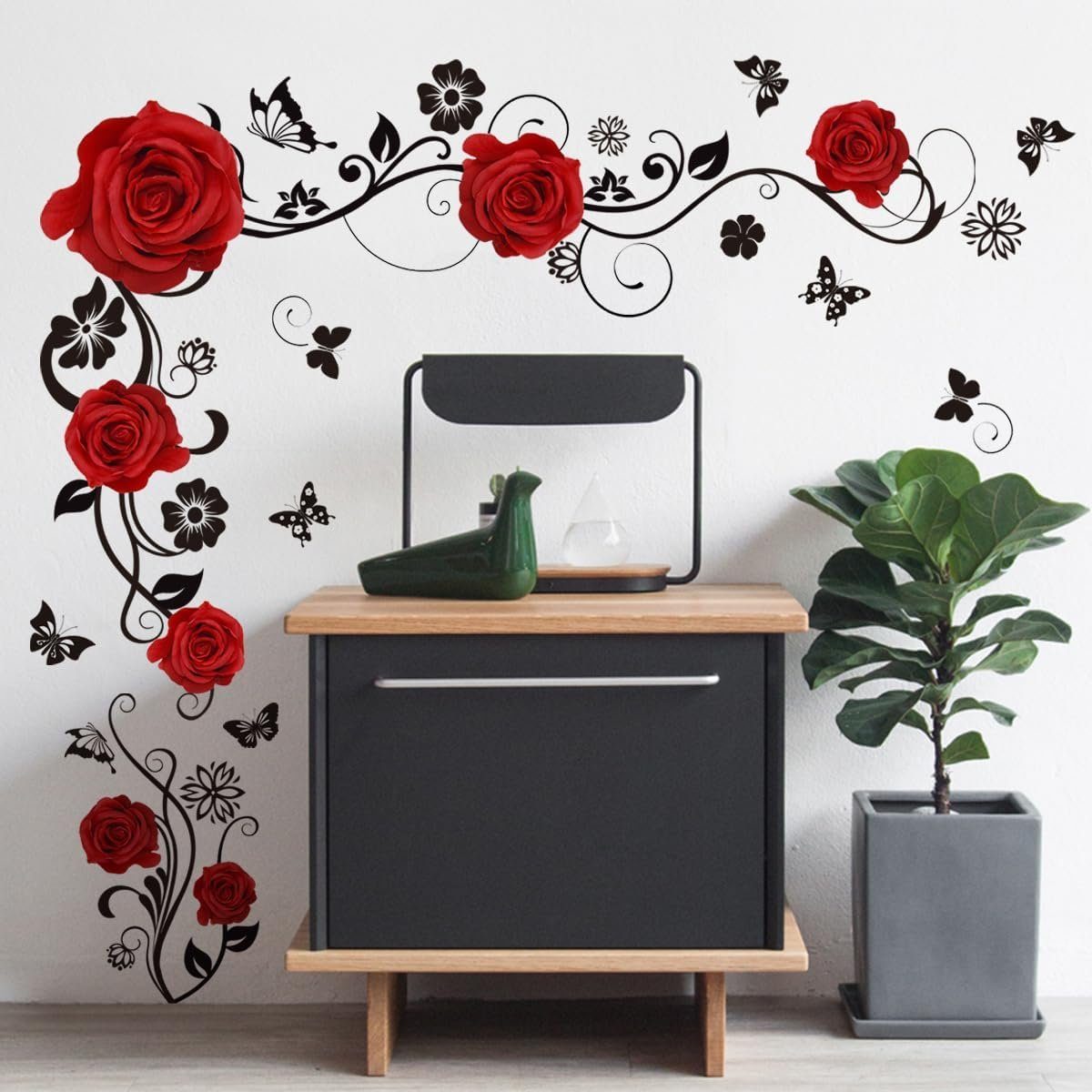 CTGtree Wandtattoo Wandtattoo Wandaufkleber St) Wohnzimmer Blumenranke Rot (2 Rosen