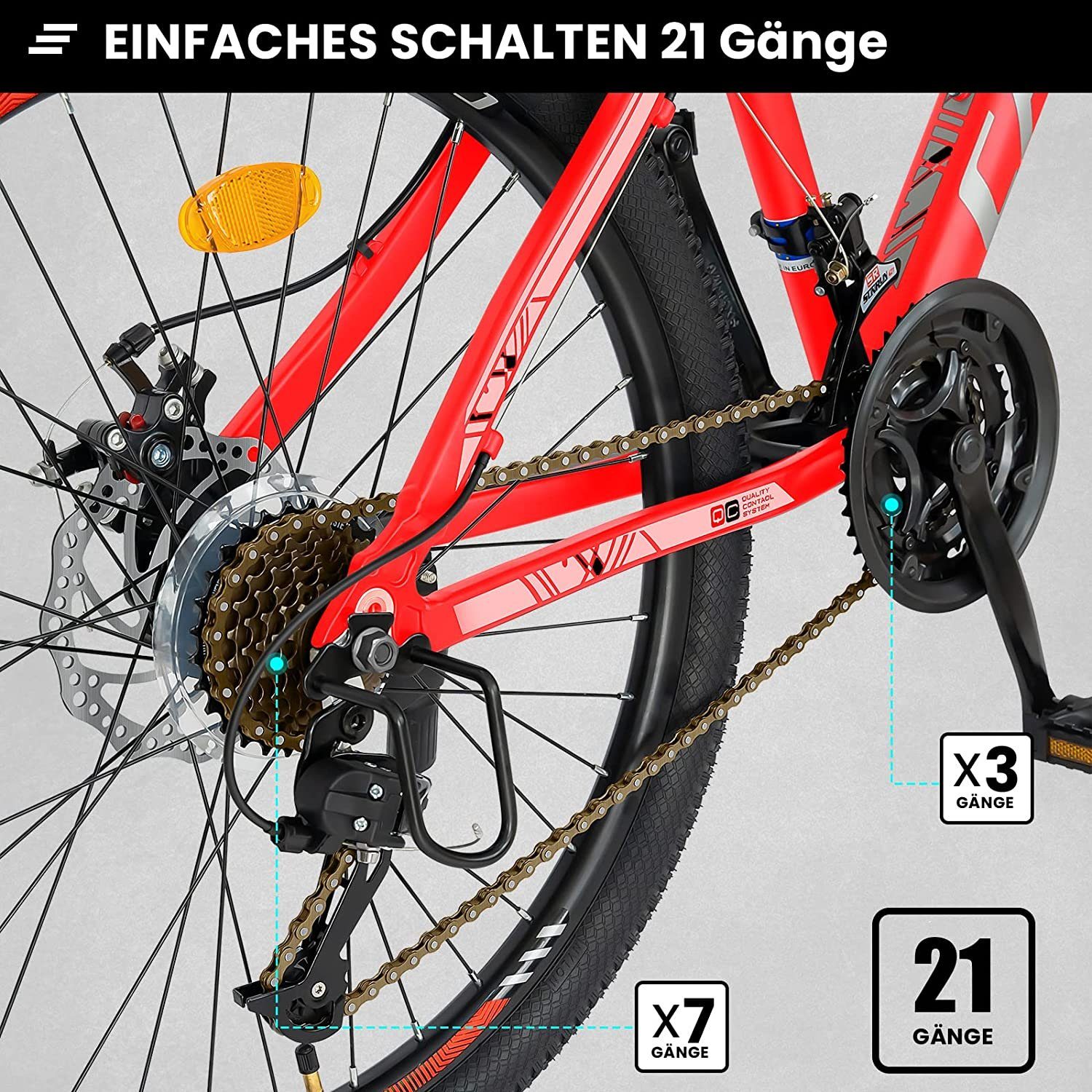 Damen Gang, für (Alumimiun Kettenschaltung, Hardtail Mountainbike 21 Hydraulische MTB CARPAT Zoll Fahrrad 28 Mountainbike Scheibenbremse), 27,5 Herren, rot SPORT Rahmen,