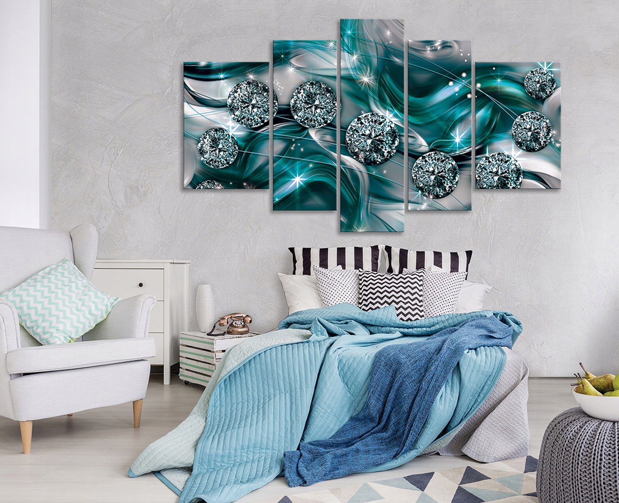 Wallarena Leinwandbild Abstrakt Diamanten Bild 170x100 (Set Wohnzimmer SET 5 Wandbilder cm Auf Leinwandbilder Bilder Groß Leinwand teilig), Canvas Blau Schlafzimmer, Kunstdruck XXL Wandbild Modern Abstrakt für Aufhängefertig