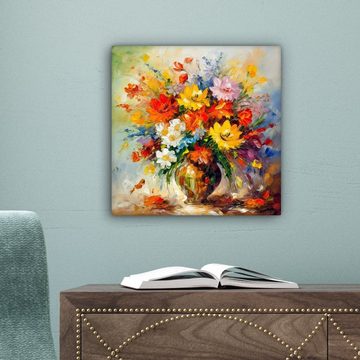 OneMillionCanvasses® Leinwandbild Blumen - Bunt - Ölfarbe - Blumentopf, (1 St), Leinwand Bilder für Wohnzimmer Schlafzimmer, 20x20 cm