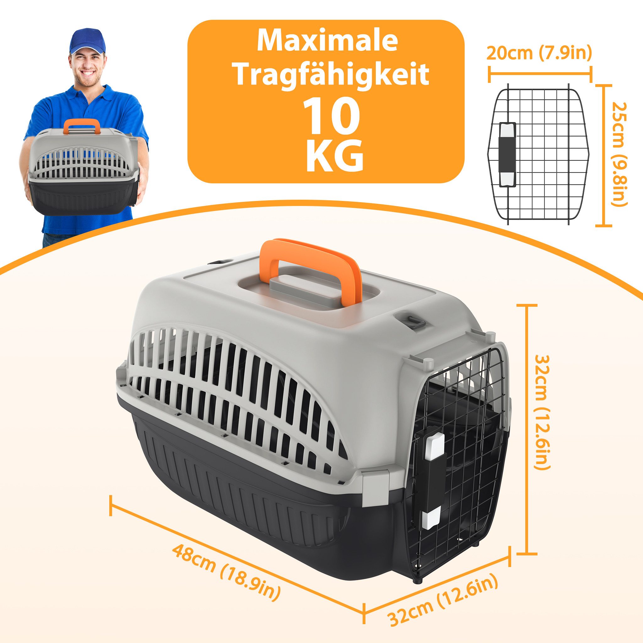 FIVMEN Tiertransportbox Hundetransportbox Transportbox aus Kunststoff mit Metallgitter, für kleine Hunde und Katzen, 48 x 32 x 32cm