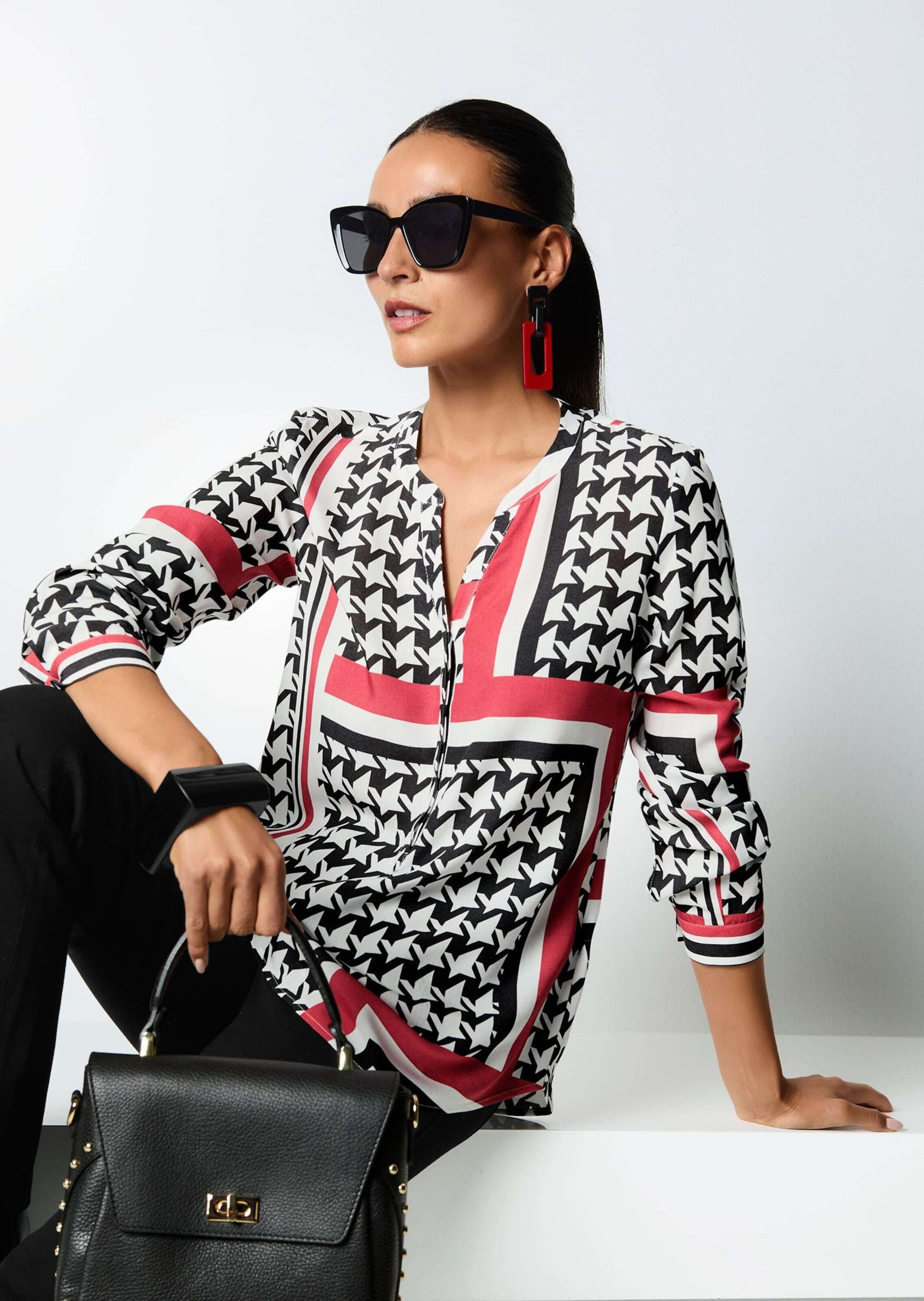 MADELEINE Langarmbluse Hahnentritt-Bluse mit V-Ausschnitt Stilvoller Look mit verdeckter Knopfleiste und Hahnentritt-Design