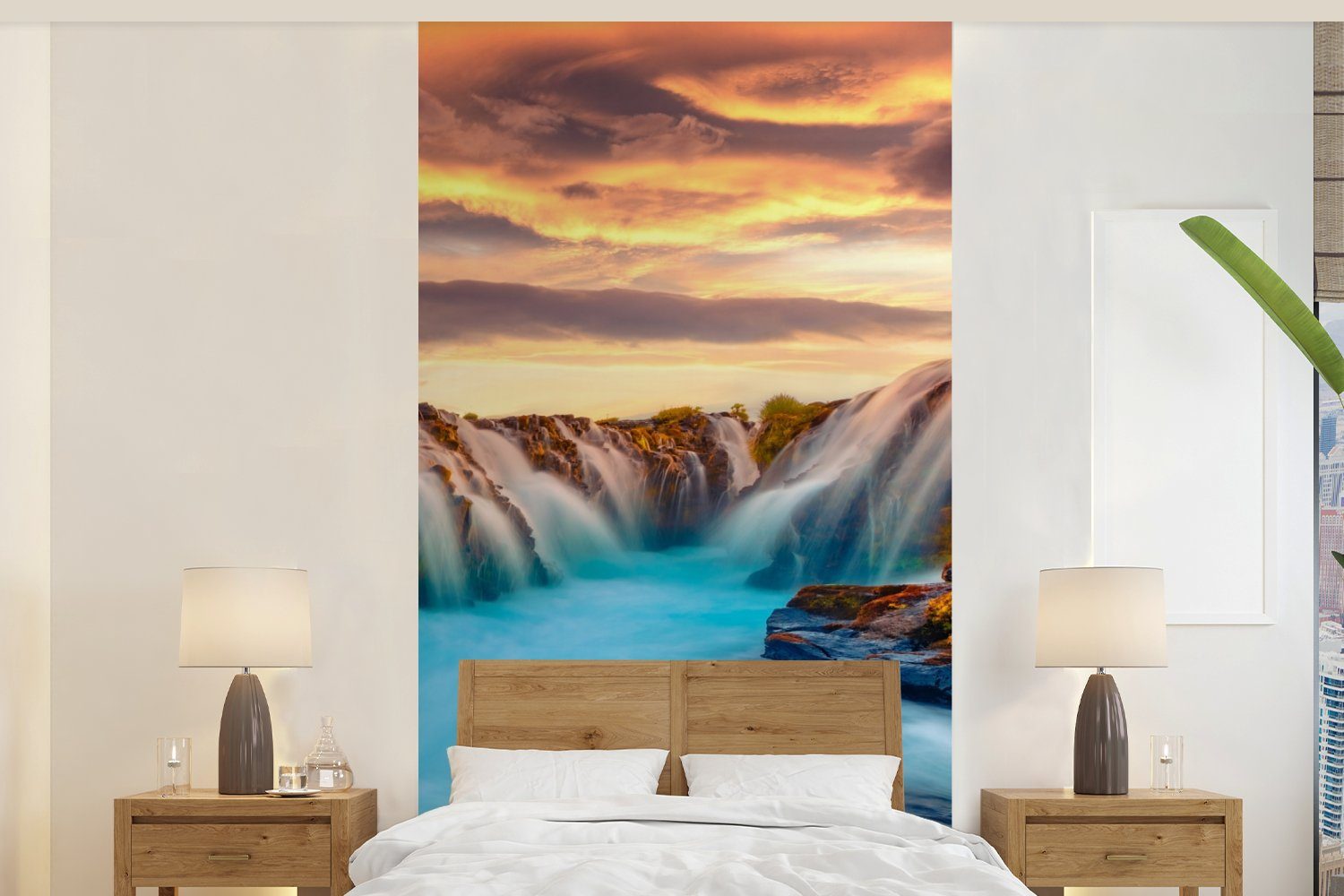 MuchoWow Fototapete Wasserfall - Landschaft - Wolken - Natur, Matt, bedruckt, (2 St), Vliestapete für Wohnzimmer Schlafzimmer Küche, Fototapete
