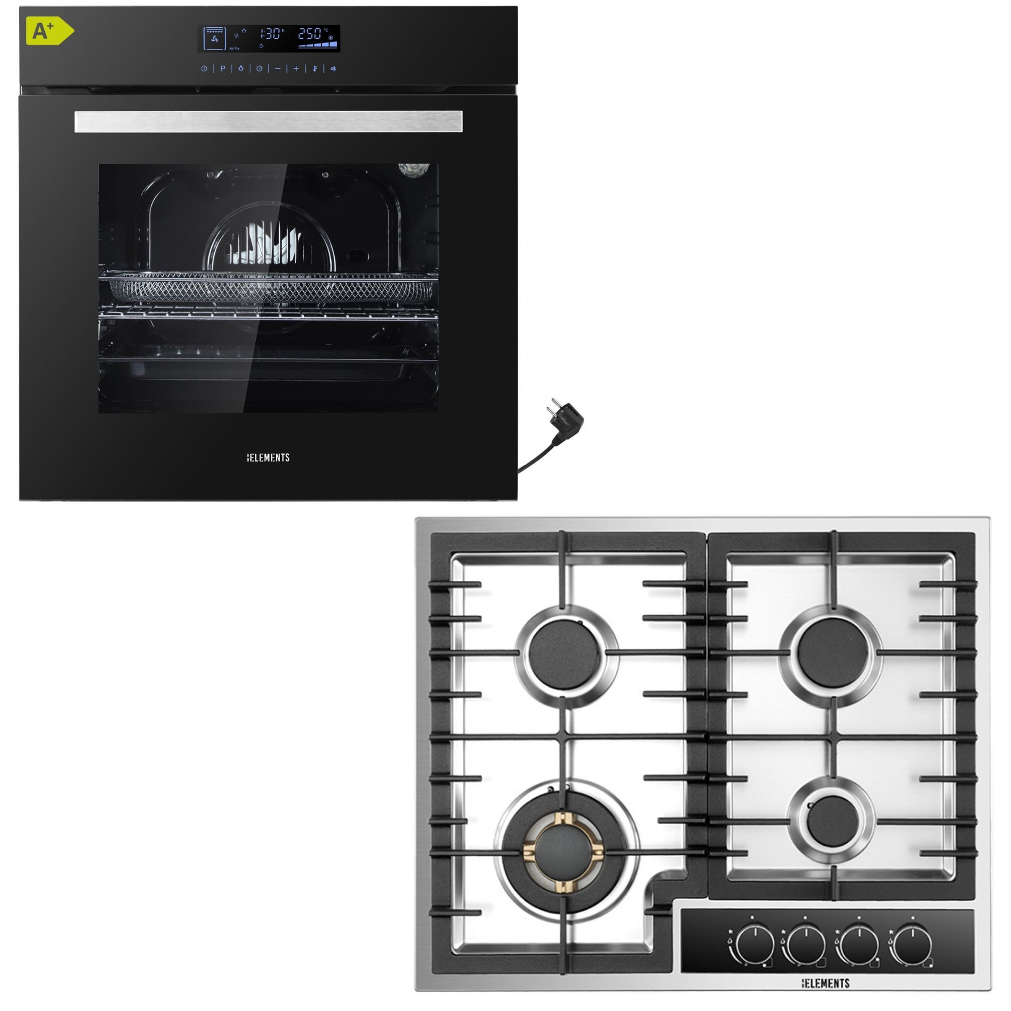 KB Elements Backofen-Set Einbaubackofen 60 cm mit Gaskochfeld 4 Flammig, mit 2-fach-Teleskopauszug, AQUA CLEAN, Airfry Funktion, Gaskochfeld mit vollkupfer-Brennern