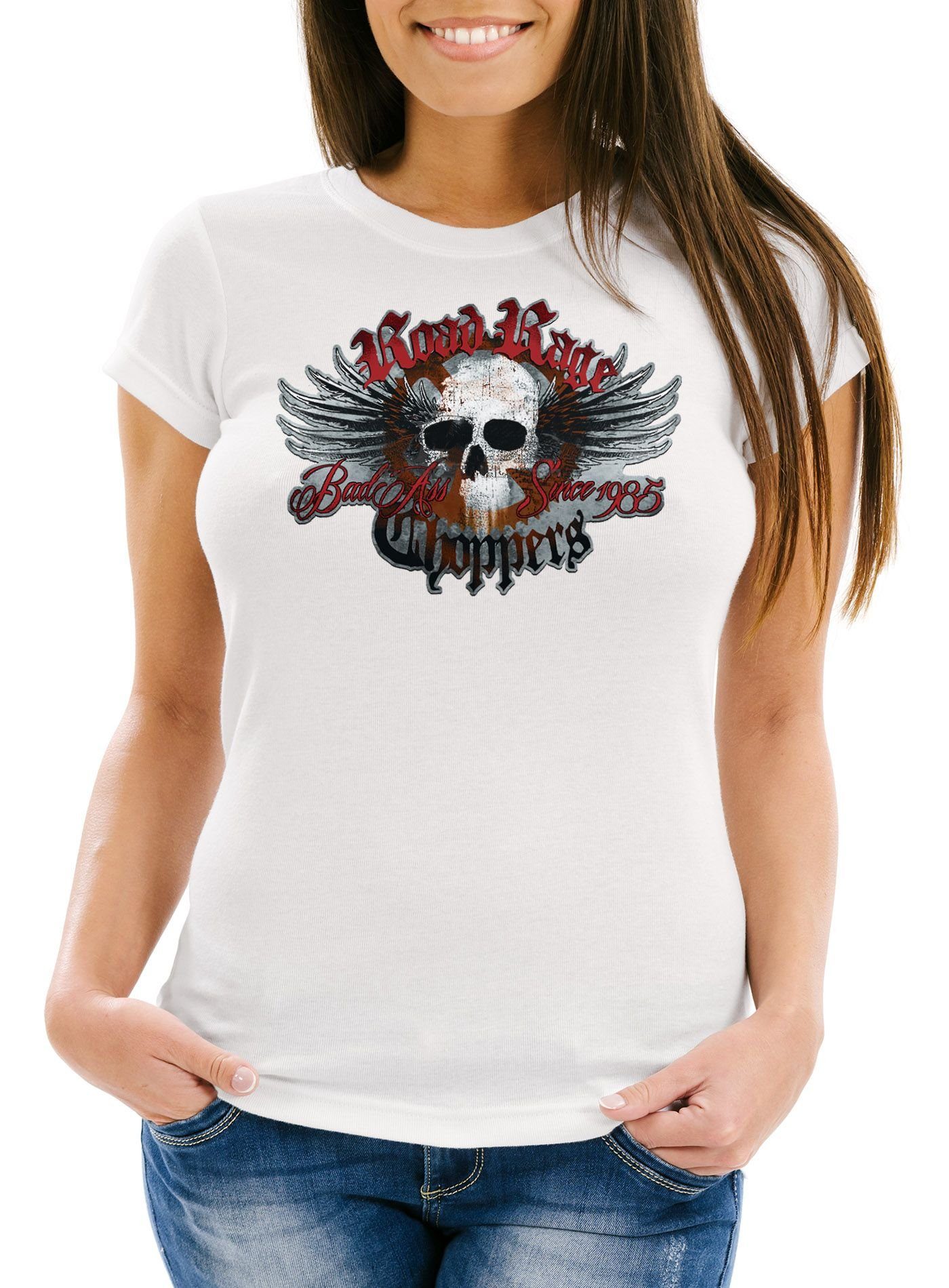 Neverless Print-Shirt Damen T-Shirt Road Rage Choppers Motorrad Biker Totenkopf Slim Fit mit Print
