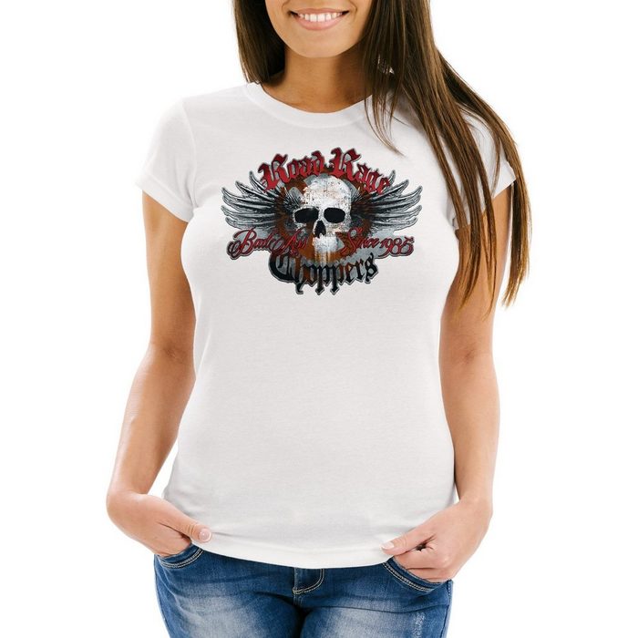 Neverless Print-Shirt Damen T-Shirt Road Rage Choppers Motorrad Biker Totenkopf Slim Fit Neverless® mit Print
