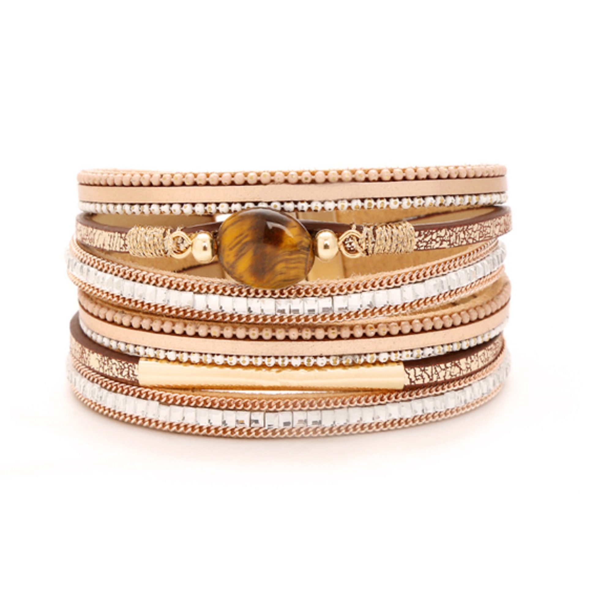 KARMA Wickelarmband Beige Gold PU Leder 39 cm Armband (Geschenk für Sie, modern Magnetverschluss Strass), Damenarmband Lederarmband