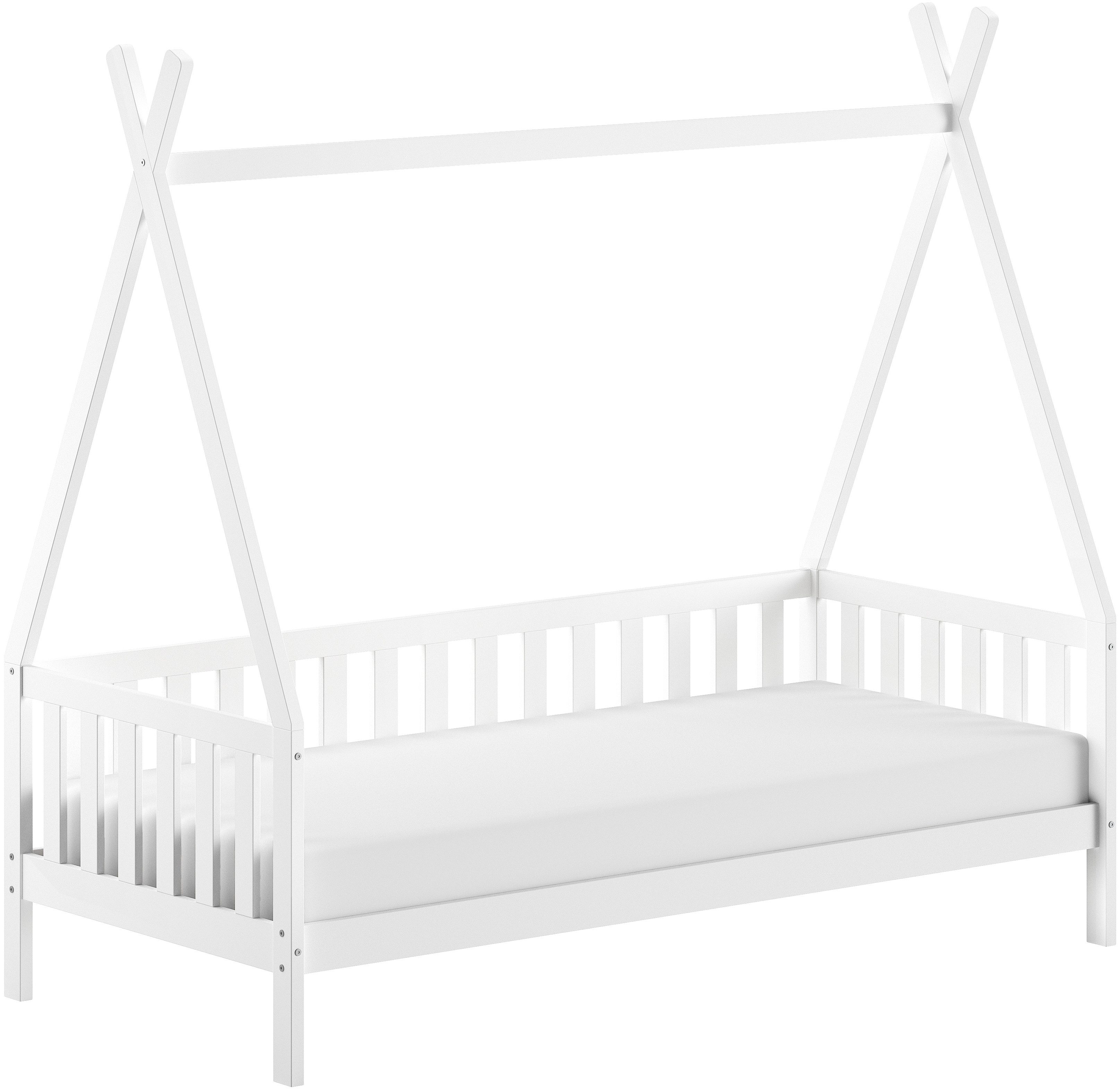 Vipack Massivholzbett mit Tipi Dach, seitlich und hinten mit Sprossenumrandung (Liegefläche 90/200 cm inkl. Massivholz Rollattenrost), Korpus aus massiver Kiefer, weiß lackiert
