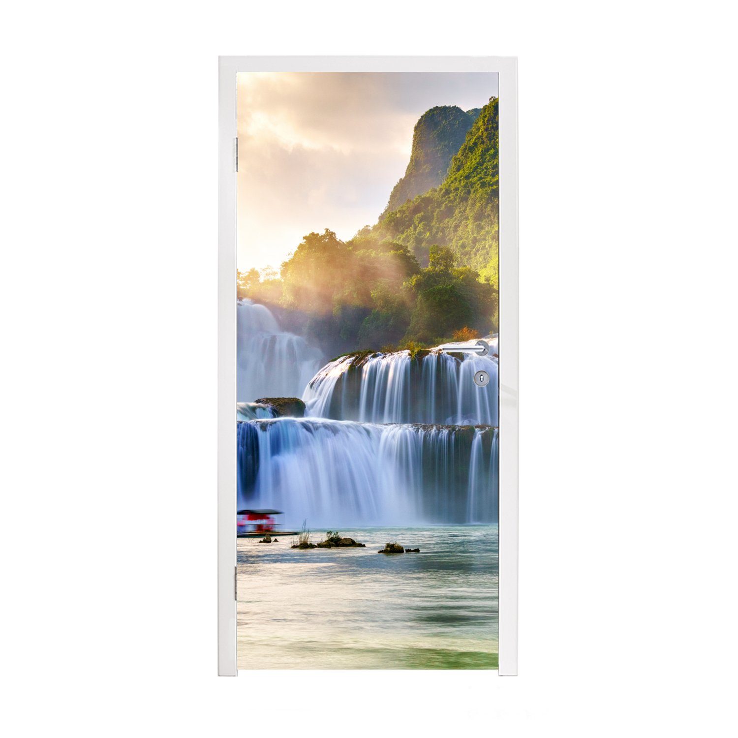 MuchoWow Türtapete Wasserfall - Pflanzen - Sonne - Wasser - Natur, Matt, bedruckt, (1 St), Fototapete für Tür, Türaufkleber, 75x205 cm