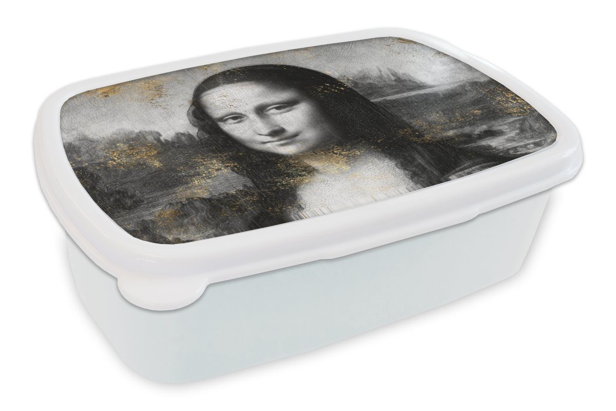 MuchoWow Lunchbox Mona Lisa - Leonardo da Vinci - Gold, Kunststoff, (2-tlg), Brotbox für Kinder und Erwachsene, Brotdose, für Jungs und Mädchen weiß