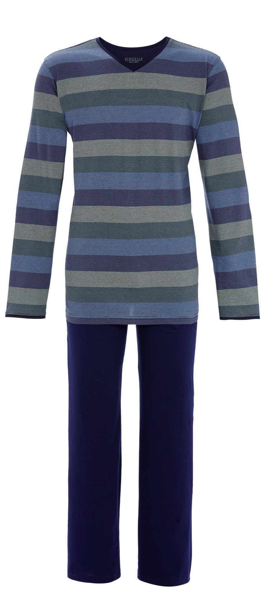 Ringella Pyjama mit V-Ausschnitt und geringeltem Oberteil mit Kontrastpaspel-Details
