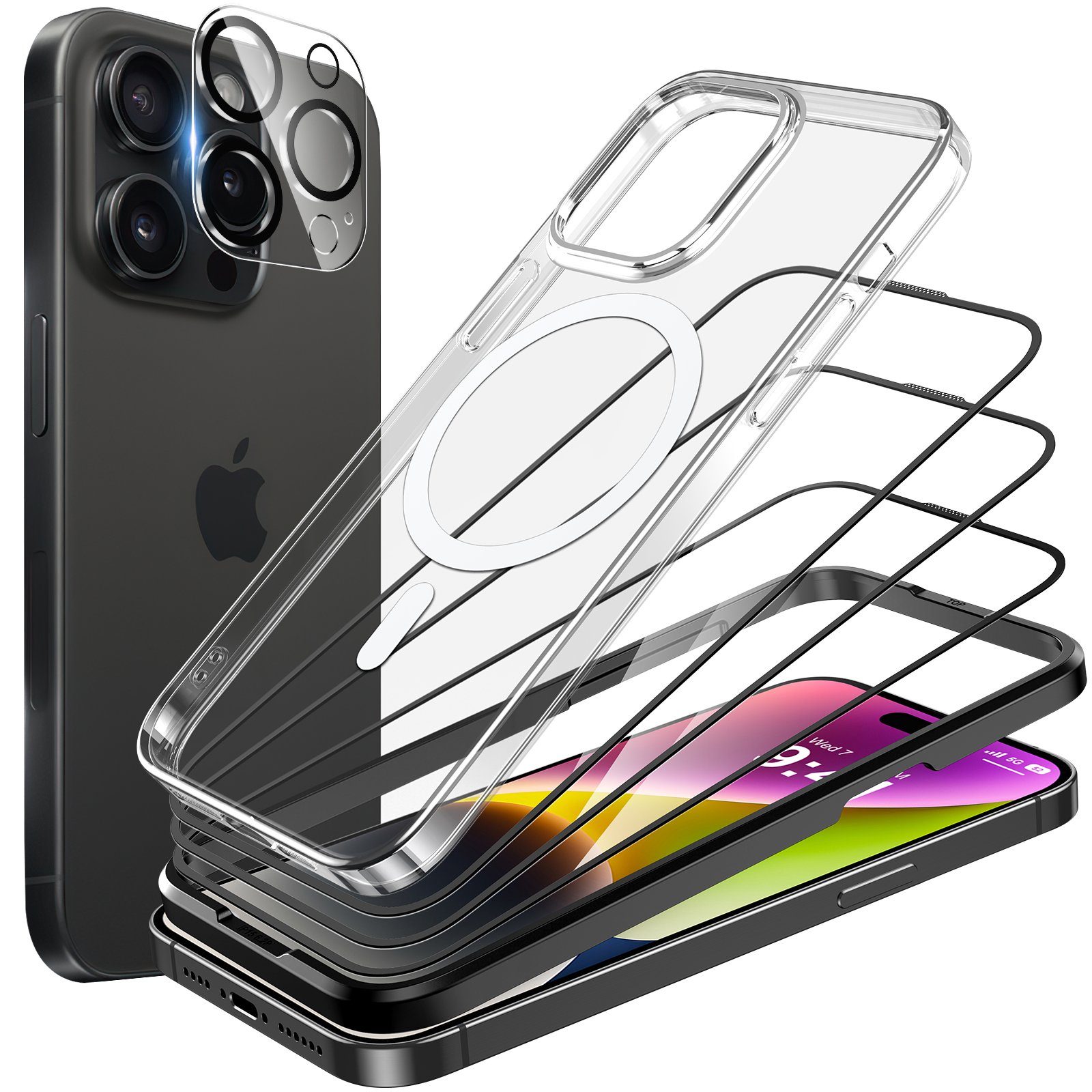 Holeohon Handyhülle Smartphone-Hülle 6 in 1 Handyhülle und Panzerglas für iPhone 15 Pro Max/ iPhone 15 Pro/ iPhone 15 Plus/ iPhone 15, Wireless-Charging, Transparentes Schwarz Case, nie Vergilbend